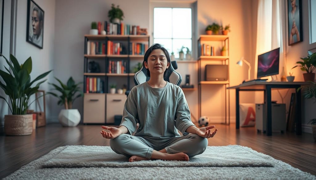 A serene gaming setup depicts a cozy room designed for stress recovery. In the foreground, a person of Asian descent is sitting cross-legged on a soft rug, wearing comfortable, modest casual clothing, eyes closed in meditation. In the middle ground, a sleek gaming chair and a desk can be seen, adorned with calming plants and ambient lighting, creating a soothing atmosphere. The background features a shelf filled with colorful books on mental resilience and gaming tips, alongside diffusing essential oils. Soft, warm light filters through a window, casting gentle shadows and enhancing the peaceful ambiance. The overall mood is tranquil and focused, encouraging a sense of mental clarity and relaxation. A serene gaming setup depicts a cozy room designed for stress recovery. In the foreground, a person of Asian descent is sitting cross-legged on a soft rug, wearing comfortable, modest casual clothing, eyes closed in meditation. In the middle ground, a sleek gaming chair and a desk can be seen, adorned with calming plants and ambient lighting, creating a soothing atmosphere. The background features a shelf filled with colorful books on mental resilience and gaming tips, alongside diffusing essential oils. Soft, warm light filters through a window, casting gentle shadows and enhancing the peaceful ambiance. The overall mood is tranquil and focused, encouraging a sense of mental clarity and relaxation.