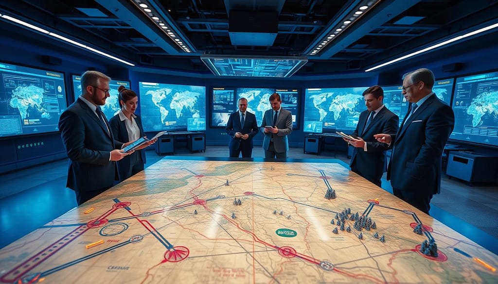 A strategic map flow control scene depicting an intricate, digital battlefield. In the foreground, a detailed map with highlighted spawn points, arrows indicating troop movements, and various strategic markers. The middle ground features several tactical advisors in professional attire, actively discussing strategies, using tablets and augmented reality interfaces to analyze data. The background showcases a high-tech command center with screens displaying real-time battlefield analytics and holographic projections. The room is illuminated with blue and green ambient lighting, creating a focused and intense atmosphere. The camera angle is slightly elevated, providing a comprehensive view of the plan while emphasizing the collaboration among team members in their strategic discussions. A strategic map flow control scene depicting an intricate, digital battlefield. In the foreground, a detailed map with highlighted spawn points, arrows indicating troop movements, and various strategic markers. The middle ground features several tactical advisors in professional attire, actively discussing strategies, using tablets and augmented reality interfaces to analyze data. The background showcases a high-tech command center with screens displaying real-time battlefield analytics and holographic projections. The room is illuminated with blue and green ambient lighting, creating a focused and intense atmosphere. The camera angle is slightly elevated, providing a comprehensive view of the plan while emphasizing the collaboration among team members in their strategic discussions.