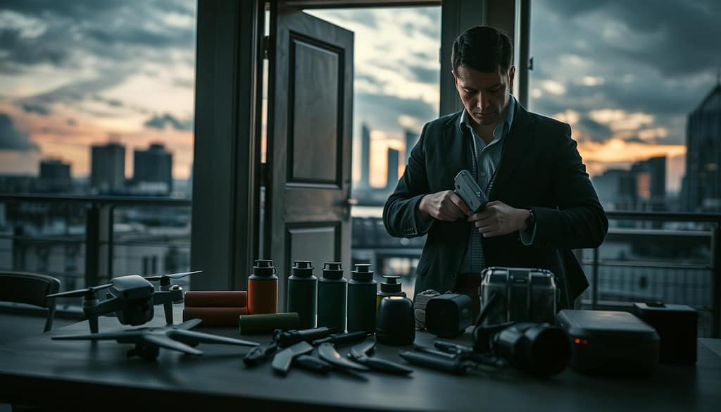 A tactical scene depicting a deployment of support items in an urban environment. In the foreground, a professional operating in smart casual attire is preparing tactical grenades and smoke canisters, with gadgets like drones and sensors spread out on a table beside him. The middle ground features an open door with shadows casting dramatically, hinting at a challenging entry point. In the background, a slightly blurred city skyline under a dusky sky, emphasizing an atmosphere of urgency and strategy. The lighting is moody with artificial glow from the tactical gadgets, creating an intense and focused ambiance. Capture the image from a slightly low angle to reinforce the dramatic feeling of tactical readiness. A tactical scene depicting a deployment of support items in an urban environment. In the foreground, a professional operating in smart casual attire is preparing tactical grenades and smoke canisters, with gadgets like drones and sensors spread out on a table beside him. The middle ground features an open door with shadows casting dramatically, hinting at a challenging entry point. In the background, a slightly blurred city skyline under a dusky sky, emphasizing an atmosphere of urgency and strategy. The lighting is moody with artificial glow from the tactical gadgets, creating an intense and focused ambiance. Capture the image from a slightly low angle to reinforce the dramatic feeling of tactical readiness.