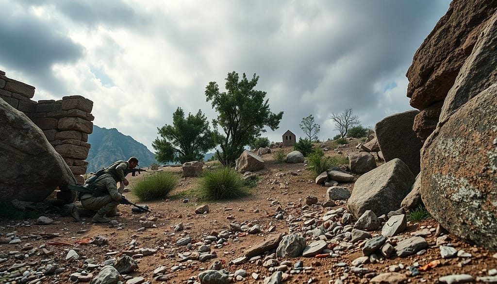 A tactical scene depicting a diverse group of professional soldiers utilizing terrain and objects for defensive play. In the foreground, a soldier crouches behind a large boulder, peeking cautiously, their camouflage uniform blending with the rocky environment. To the left, another soldier is positioned behind a partially destroyed wall, employing cover effectively. The middle ground features a variety of natural and urban elements, such as trees and scattered debris, enhancing the ground-level defensive strategies. The background shows a rugged landscape under dramatic, overcast skies, with soft, diffused light filtering through clouds, creating an intense, strategical atmosphere. The composition should capture the tension and focus of the moment, with a low-angle perspective to emphasize the terrain's elevation and fortification. A tactical scene depicting a diverse group of professional soldiers utilizing terrain and objects for defensive play. In the foreground, a soldier crouches behind a large boulder, peeking cautiously, their camouflage uniform blending with the rocky environment. To the left, another soldier is positioned behind a partially destroyed wall, employing cover effectively. The middle ground features a variety of natural and urban elements, such as trees and scattered debris, enhancing the ground-level defensive strategies. The background shows a rugged landscape under dramatic, overcast skies, with soft, diffused light filtering through clouds, creating an intense, strategical atmosphere. The composition should capture the tension and focus of the moment, with a low-angle perspective to emphasize the terrain's elevation and fortification.