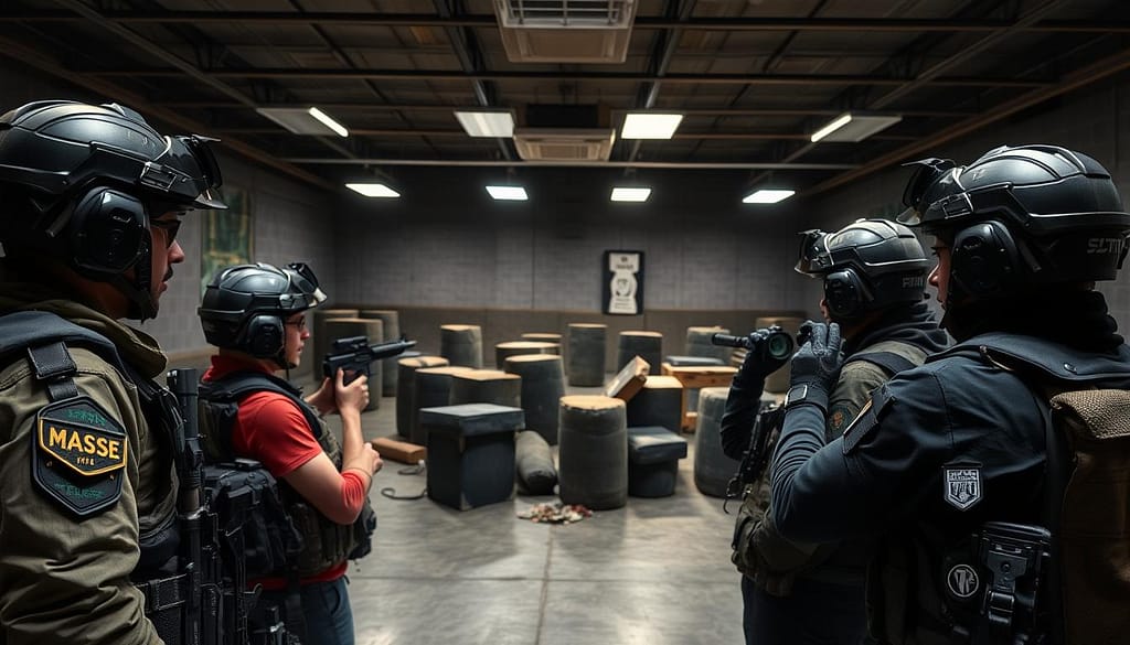 A tactical training scene in an indoor shooting range, focusing on countering cover tactics. In the foreground, a diverse group of four individuals in professional tactical gear, including helmets and protective vests, are engaged in strategic discussions about peeking and utilizing defensive angles. In the middle ground, a simulated environment with realistic cover elements, like barricades and pillars, offers various vantage points for shooting practice. The background features dim lighting with bright overhead spotlights illuminating the main action area, creating a dramatic contrast that conveys intensity and focus. The atmosphere is serious yet collaborative, capturing a moment of learning and skill development in tactical maneuvers. The scene has a dynamic composition, emphasizing various angles and perspectives to illustrate the concept effectively. A tactical training scene in an indoor shooting range, focusing on countering cover tactics. In the foreground, a diverse group of four individuals in professional tactical gear, including helmets and protective vests, are engaged in strategic discussions about peeking and utilizing defensive angles. In the middle ground, a simulated environment with realistic cover elements, like barricades and pillars, offers various vantage points for shooting practice. The background features dim lighting with bright overhead spotlights illuminating the main action area, creating a dramatic contrast that conveys intensity and focus. The atmosphere is serious yet collaborative, capturing a moment of learning and skill development in tactical maneuvers. The scene has a dynamic composition, emphasizing various angles and perspectives to illustrate the concept effectively.