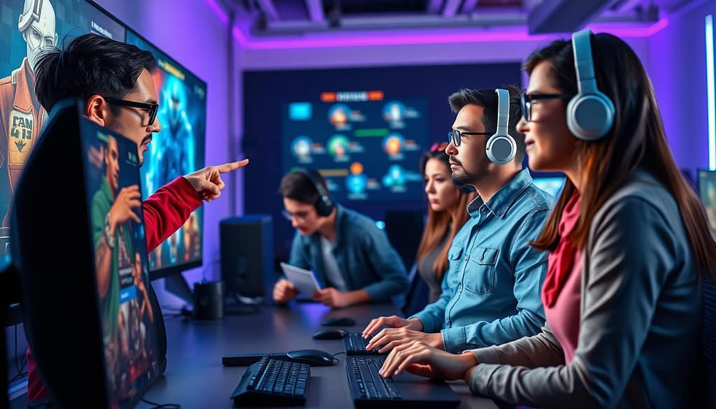 A vibrant and focused scene showcasing a diverse team of gamers in a digital workspace. In the foreground, two individuals, one male and one female, are engaged in a concentrated discussion, pointing at a large screen displaying a team game strategy, dressed in professional casual attire. In the middle ground, a third person is seen adjusting their headset with a look of determination, while another is typing on a keyboard, reflecting teamwork and concentration. The background features a high-tech gaming environment, illuminated by soft blue and purple lights, enhancing the atmosphere of cooperation and strategy. The image captures the essence of avoiding tilt and miscommunication, emphasizing clarity, focus, and collaboration among team members. A vibrant and focused scene showcasing a diverse team of gamers in a digital workspace. In the foreground, two individuals, one male and one female, are engaged in a concentrated discussion, pointing at a large screen displaying a team game strategy, dressed in professional casual attire. In the middle ground, a third person is seen adjusting their headset with a look of determination, while another is typing on a keyboard, reflecting teamwork and concentration. The background features a high-tech gaming environment, illuminated by soft blue and purple lights, enhancing the atmosphere of cooperation and strategy. The image captures the essence of avoiding tilt and miscommunication, emphasizing clarity, focus, and collaboration among team members.