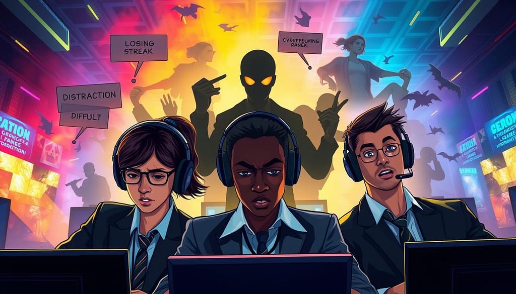 A visually engaging illustration depicting the theme of "competitive gaming progression pitfalls." In the foreground, a diverse group of three gamers, dressed in professional business attire, intensely focus on their screens, each displaying different frustrating game scenarios such as a losing streak, difficult decision-making, and distractions. In the middle layer, abstract representations of common pitfalls like frustration, overwhelming information, and poor teamwork manifest as shadowy figures or ghostly images hovering around them. The background features a colorful, immersive gaming environment with dynamic lighting that suggests competition and urgency. The overall mood is one of tension and determination, emphasizing the need to navigate challenges while striving for rank improvement. Use a cinematic angle to capture the gamers' expressions amidst the chaotic backdrop. A visually engaging illustration depicting the theme of "competitive gaming progression pitfalls." In the foreground, a diverse group of three gamers, dressed in professional business attire, intensely focus on their screens, each displaying different frustrating game scenarios such as a losing streak, difficult decision-making, and distractions. In the middle layer, abstract representations of common pitfalls like frustration, overwhelming information, and poor teamwork manifest as shadowy figures or ghostly images hovering around them. The background features a colorful, immersive gaming environment with dynamic lighting that suggests competition and urgency. The overall mood is one of tension and determination, emphasizing the need to navigate challenges while striving for rank improvement. Use a cinematic angle to capture the gamers' expressions amidst the chaotic backdrop.