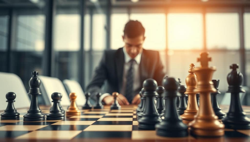 A visually striking composition illustrating the concept of "peeking angles risk reward." In the foreground, a chessboard with strategically placed pieces representing various tactical positions, some peeking from behind obstacles, symbolizing unexpected maneuvers. In the middle ground, a blurred figure in professional business attire intently analyzing the board, showcasing focus and strategy. The background features a sleek office environment with large windows allowing soft, diffused daylight to illuminate the scene. A shallow depth of field adds emphasis to the chessboard while creating a sense of depth. The overall mood is tense yet contemplative, reflecting the balance between risk and reward in decision-making. No text or captions present, just a powerful visual metaphor for strategic thinking. A visually striking composition illustrating the concept of "peeking angles risk reward." In the foreground, a chessboard with strategically placed pieces representing various tactical positions, some peeking from behind obstacles, symbolizing unexpected maneuvers. In the middle ground, a blurred figure in professional business attire intently analyzing the board, showcasing focus and strategy. The background features a sleek office environment with large windows allowing soft, diffused daylight to illuminate the scene. A shallow depth of field adds emphasis to the chessboard while creating a sense of depth. The overall mood is tense yet contemplative, reflecting the balance between risk and reward in decision-making. No text or captions present, just a powerful visual metaphor for strategic thinking.