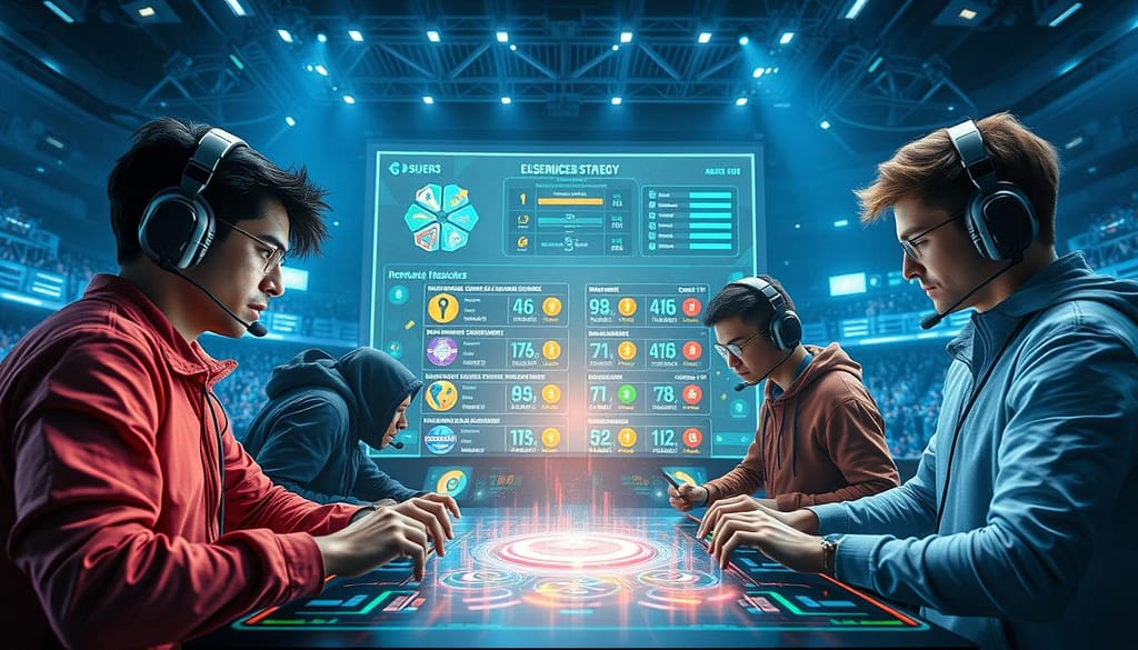 An intense gaming scene showcasing an economically strategic moment in a competitive multiplayer setting. In the foreground, a diverse group of four players, dressed in professional gaming attire, intensely discussing strategy over a holographic display of resources and stats. The middle ground features a large screen with colorful visualizations of in-game currency and resource management, illustrating the importance of smart spending. In the background, a futuristic gaming arena with glowing blue lights and cheering crowds enhances the atmosphere. Use dramatic lighting to highlight the players' focused expressions while casting ambient shadows across the arena. The overall mood should be one of determination and excitement, capturing the essence of making critical decisions during clutch rounds for team victory. An intense gaming scene showcasing an economically strategic moment in a competitive multiplayer setting. In the foreground, a diverse group of four players, dressed in professional gaming attire, intensely discussing strategy over a holographic display of resources and stats. The middle ground features a large screen with colorful visualizations of in-game currency and resource management, illustrating the importance of smart spending. In the background, a futuristic gaming arena with glowing blue lights and cheering crowds enhances the atmosphere. Use dramatic lighting to highlight the players' focused expressions while casting ambient shadows across the arena. The overall mood should be one of determination and excitement, capturing the essence of making critical decisions during clutch rounds for team victory.