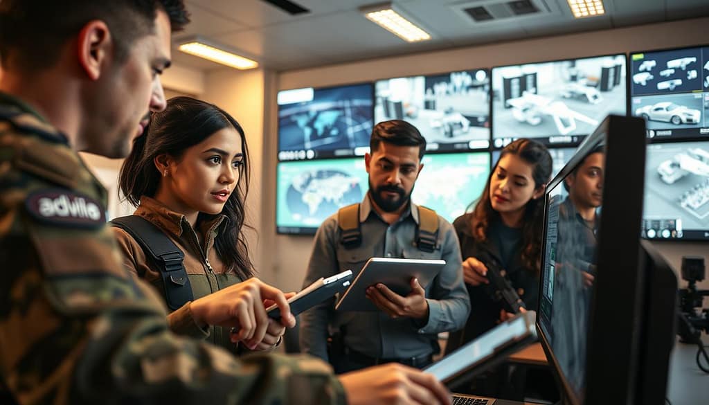 A diverse group of professionals in tactical attire, focused on a digital map display in a well-lit, modern command center. Foreground features a mid-30s Caucasian man pointing at the screen, while a Black woman, in her late 20s, takes notes on a tablet. In the middle, a South Asian man collaborates closely with a Hispanic woman, both analyzing data and discussing strategies, showcasing teamwork and communication. The background includes large monitors displaying maps and surveillance footage, with low-key warm lighting creating a focused yet intense atmosphere. The angle captures a dynamic perspective, emphasizing teamwork and strategy, embodying the theme of collective survival tactics and adaptable playstyles. A diverse group of professionals in tactical attire, focused on a digital map display in a well-lit, modern command center. Foreground features a mid-30s Caucasian man pointing at the screen, while a Black woman, in her late 20s, takes notes on a tablet. In the middle, a South Asian man collaborates closely with a Hispanic woman, both analyzing data and discussing strategies, showcasing teamwork and communication. The background includes large monitors displaying maps and surveillance footage, with low-key warm lighting creating a focused yet intense atmosphere. The angle captures a dynamic perspective, emphasizing teamwork and strategy, embodying the theme of collective survival tactics and adaptable playstyles.