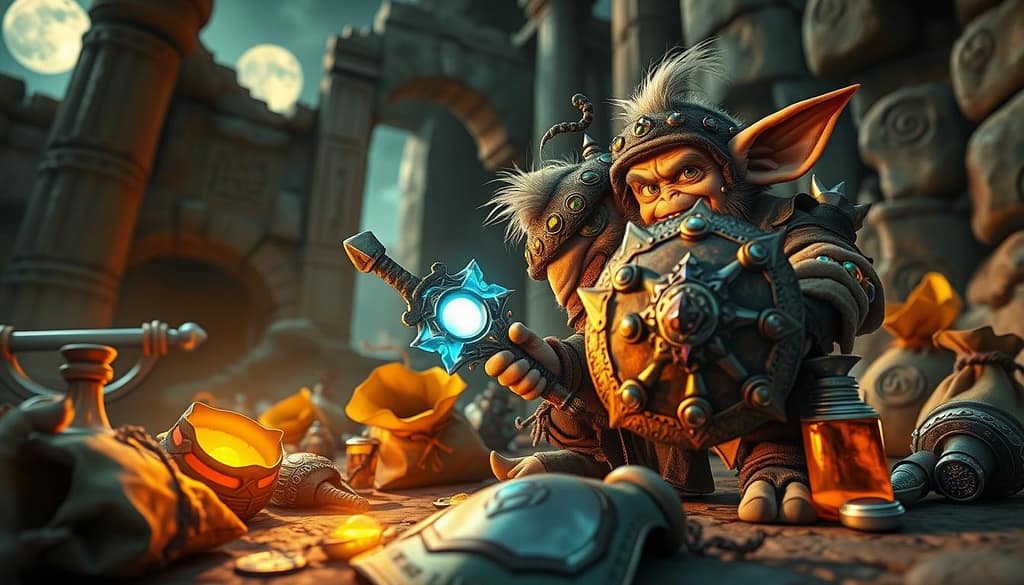 A dynamic and vibrant scene of a Loot Goblin in an action-packed environment, surrounded by various pieces of fantasy gear. In the foreground, the Loot Goblin, a small, goblin-like character dressed in eclectic, rugged gear, eagerly assesses a glowing magical sword, a shield adorned with gemstones, and a peculiar potion. In the middle ground, scattered loot bags and gear highlighted in gold and silver hues create a sense of urgency. The background features an ancient ruin with faint mystical symbols etched into stone, illuminated by soft, ethereal light coming from the moon. The atmosphere is intense yet playful, with the Loot Goblin's exaggerated expression showcasing excitement and efficiency as it prioritizes its loot. Capture this moment from a low angle to emphasize the gear's importance and create a sense of drama. A dynamic and vibrant scene of a Loot Goblin in an action-packed environment, surrounded by various pieces of fantasy gear. In the foreground, the Loot Goblin, a small, goblin-like character dressed in eclectic, rugged gear, eagerly assesses a glowing magical sword, a shield adorned with gemstones, and a peculiar potion. In the middle ground, scattered loot bags and gear highlighted in gold and silver hues create a sense of urgency. The background features an ancient ruin with faint mystical symbols etched into stone, illuminated by soft, ethereal light coming from the moon. The atmosphere is intense yet playful, with the Loot Goblin's exaggerated expression showcasing excitement and efficiency as it prioritizes its loot. Capture this moment from a low angle to emphasize the gear's importance and create a sense of drama.