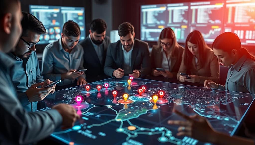 A dynamic battlefield comms coordination scene showing a high-tech digital map with vivid ping markers indicating strategic locations. In the foreground, a diverse group of professional team members, dressed in smart casual attire, intensely focuses on mobile devices and holographic displays, conveying urgency and teamwork. The middle ground features the interactive map glowing with bright markers in various colors, illustrating areas of interest and mission objectives with lines connecting strategic points. In the background, a blurred command center with screens displaying real-time data and a subdued, focused lighting that emphasizes the map's illuminated details. The atmosphere is intense yet collaborative, capturing the essence of effective communication and coordination in a high-stakes environment, reminiscent of a professional eSports scenario. A dynamic battlefield comms coordination scene showing a high-tech digital map with vivid ping markers indicating strategic locations. In the foreground, a diverse group of professional team members, dressed in smart casual attire, intensely focuses on mobile devices and holographic displays, conveying urgency and teamwork. The middle ground features the interactive map glowing with bright markers in various colors, illustrating areas of interest and mission objectives with lines connecting strategic points. In the background, a blurred command center with screens displaying real-time data and a subdued, focused lighting that emphasizes the map's illuminated details. The atmosphere is intense yet collaborative, capturing the essence of effective communication and coordination in a high-stakes environment, reminiscent of a professional eSports scenario.