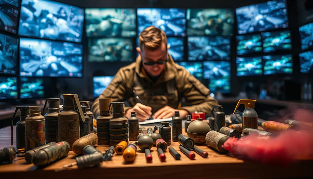 A dynamic display of various tactical throwables, like grenades and smoke bombs, arranged on a wooden tactical table in the foreground. In the middle, a soldier in professional tactical attire studies the items with focused concentration, jotting down notes. The background showcases a dimly lit, high-tech control room filled with screens displaying active simulations of in-game scenarios, illuminated by soft blue and green lighting. The atmosphere is intense and strategic, capturing the critical analysis of gameplay tactics. The lens focuses closely on the throwables, emphasizing their details, while the depth of field softly blurs the control room, creating a sense of immersion in the strategic analysis. A dynamic display of various tactical throwables, like grenades and smoke bombs, arranged on a wooden tactical table in the foreground. In the middle, a soldier in professional tactical attire studies the items with focused concentration, jotting down notes. The background showcases a dimly lit, high-tech control room filled with screens displaying active simulations of in-game scenarios, illuminated by soft blue and green lighting. The atmosphere is intense and strategic, capturing the critical analysis of gameplay tactics. The lens focuses closely on the throwables, emphasizing their details, while the depth of field softly blurs the control room, creating a sense of immersion in the strategic analysis.