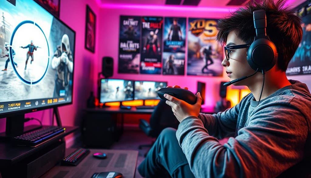 A dynamic scene illustrating aim and movement integration warm-up routines for first-person shooter (FPS) gaming. In the foreground, a focused young gamer in comfortable yet professional casual clothing, holding a sleek gaming mouse, practices precise aiming at a digital target on a large screen. The middle ground features a high-tech gaming setup with additional monitors displaying movement patterns and stats, while gaming peripherals are scattered around, including a mechanical keyboard and a gaming headset. The background depicts a vibrant gaming room adorned with posters of well-known FPS games, illuminated by soft, ambient lighting that reflects concentration and intensity. The angle is slightly tilted upwards, creating a sense of immersion and engagement in the practice. The overall mood conveys determination and energy as the gamer fine-tunes their skills, combining focus and mobility in preparation for competitive play. A dynamic scene illustrating aim and movement integration warm-up routines for first-person shooter (FPS) gaming. In the foreground, a focused young gamer in comfortable yet professional casual clothing, holding a sleek gaming mouse, practices precise aiming at a digital target on a large screen. The middle ground features a high-tech gaming setup with additional monitors displaying movement patterns and stats, while gaming peripherals are scattered around, including a mechanical keyboard and a gaming headset. The background depicts a vibrant gaming room adorned with posters of well-known FPS games, illuminated by soft, ambient lighting that reflects concentration and intensity. The angle is slightly tilted upwards, creating a sense of immersion and engagement in the practice. The overall mood conveys determination and energy as the gamer fine-tunes their skills, combining focus and mobility in preparation for competitive play.