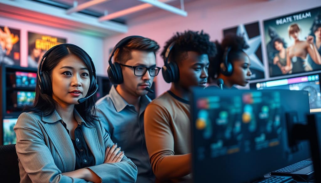 A dynamic scene showcasing a diverse group of four engaged gamers in a modern, well-lit gaming room. In the foreground, a focused Asian woman in a stylish business-casual outfit is discussing strategy with her teammates, all wearing professional gaming headsets. The middle layer features a Caucasian man and a Black woman, both intensely monitoring screens filled with game stats and team maps, as they prepare for their next move. The background showcases colorful ambient lighting, with racks of gaming equipment and posters of popular games, creating an energetic atmosphere. The angle is slightly elevated, capturing the excitement and teamwork required for adapting with random teammates, highlighting the essence of effective squad communication tactics. The overall mood is collaborative and strategic, emphasizing the importance of adaptability in gaming. A dynamic scene showcasing a diverse group of four engaged gamers in a modern, well-lit gaming room. In the foreground, a focused Asian woman in a stylish business-casual outfit is discussing strategy with her teammates, all wearing professional gaming headsets. The middle layer features a Caucasian man and a Black woman, both intensely monitoring screens filled with game stats and team maps, as they prepare for their next move. The background showcases colorful ambient lighting, with racks of gaming equipment and posters of popular games, creating an energetic atmosphere. The angle is slightly elevated, capturing the excitement and teamwork required for adapting with random teammates, highlighting the essence of effective squad communication tactics. The overall mood is collaborative and strategic, emphasizing the importance of adaptability in gaming.