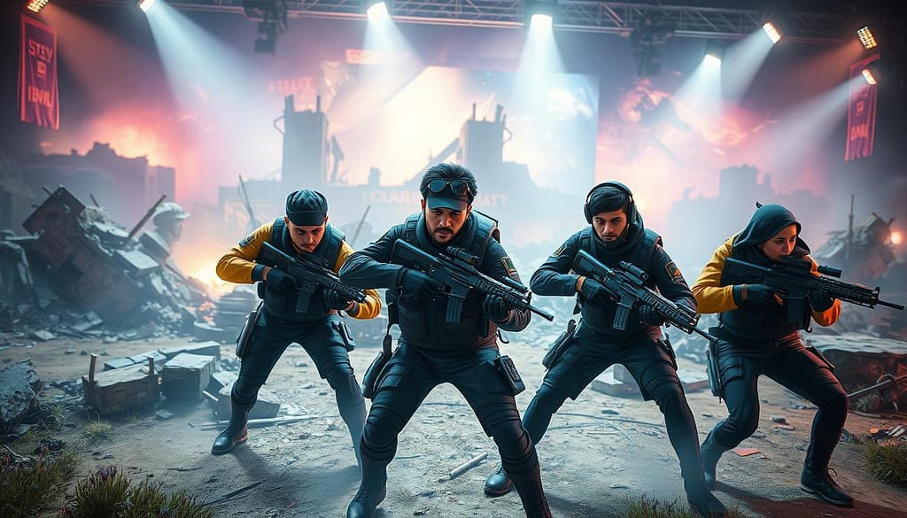 A dynamic scene showcasing an intense endgame clutch movement strategy in a tactical video game. In the foreground, a diverse group of three players, dressed in professional gaming attire, are in action poses, skillfully navigating a shrinking battlefield. Their expressions convey focus and determination. In the middle ground, a variety of obstacles and cover—from destroyed structures to terrain—indicate strategic positioning and movement options. The background depicts a vibrant and intense gaming environment, filled with a subtle haze to suggest tension. The lighting is dramatic, with spotlight effects highlighting the players, emphasizing the urgency of their movements. Capture this moment from a slightly elevated angle, suggesting an overview of the battlefield while retaining the excitement of the clutches. Aim for a mood of intense concentration and high stakes. A dynamic scene showcasing an intense endgame clutch movement strategy in a tactical video game. In the foreground, a diverse group of three players, dressed in professional gaming attire, are in action poses, skillfully navigating a shrinking battlefield. Their expressions convey focus and determination. In the middle ground, a variety of obstacles and cover—from destroyed structures to terrain—indicate strategic positioning and movement options. The background depicts a vibrant and intense gaming environment, filled with a subtle haze to suggest tension. The lighting is dramatic, with spotlight effects highlighting the players, emphasizing the urgency of their movements. Capture this moment from a slightly elevated angle, suggesting an overview of the battlefield while retaining the excitement of the clutches. Aim for a mood of intense concentration and high stakes.