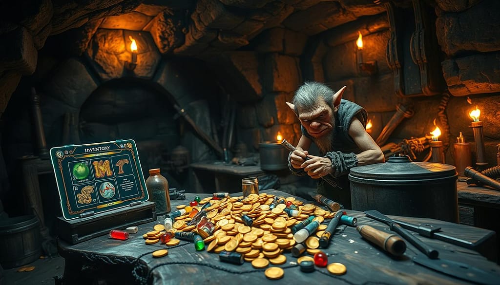 A focused loot goblin in a dynamic, cluttered underground environment, managing a chaotic inventory setup while under pressure. In the foreground, the goblin is clad in rugged tactical gear, frantically organizing colorful loot—gold coins, potions, and weapons—spread across a rugged wooden table. In the middle ground, various containers are neatly labeled, with a glowing magical interface displaying item details hovering nearby. The background features dark, stone walls illuminated by flickering torches, creating a tense atmosphere. The lighting is dramatic, casting sharp shadows that emphasize the urgency of the scene. Use a wide-angle lens to capture the full chaos of the environment, reflecting the stress of managing inventory in a high-stakes situation. A focused loot goblin in a dynamic, cluttered underground environment, managing a chaotic inventory setup while under pressure. In the foreground, the goblin is clad in rugged tactical gear, frantically organizing colorful loot—gold coins, potions, and weapons—spread across a rugged wooden table. In the middle ground, various containers are neatly labeled, with a glowing magical interface displaying item details hovering nearby. The background features dark, stone walls illuminated by flickering torches, creating a tense atmosphere. The lighting is dramatic, casting sharp shadows that emphasize the urgency of the scene. Use a wide-angle lens to capture the full chaos of the environment, reflecting the stress of managing inventory in a high-stakes situation.