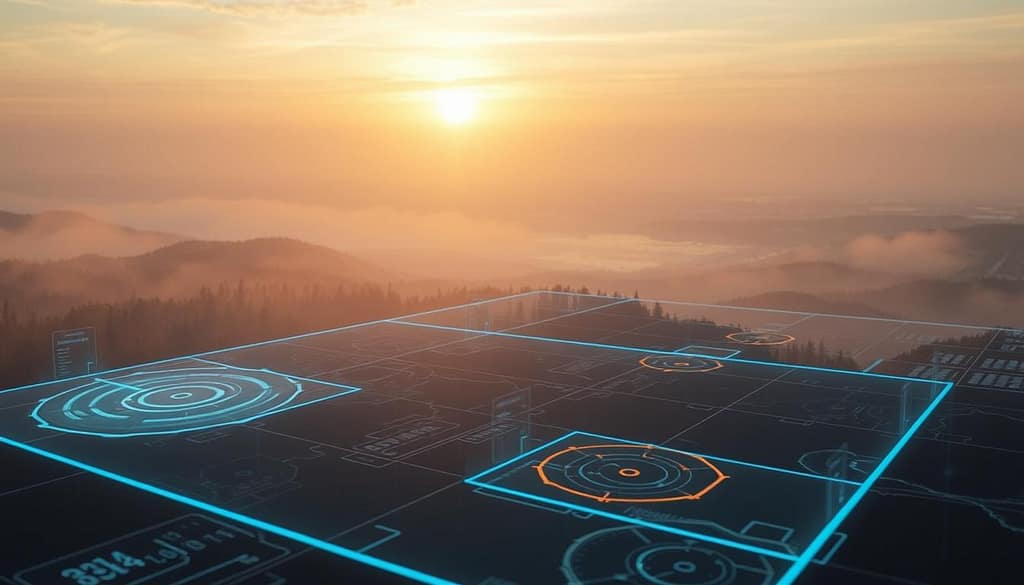 A futuristic landscape depicting a strategic positioning map with clear delineations of safe zones in a dynamic environment. In the foreground, a sleek digital interface displays holographic predictions and metrics, glowing in soft blue light. In the middle ground, various terrains are visible, such as forests, hills, and urban structures, encoded with color-coded safe zones. The background features a distant skyline under a dramatic sunset, casting warm, golden hues over the scene. A subtle mist enhances the atmosphere, creating a sense of mystery and anticipation. The overall mood is strategic and analytical, inviting viewers to engage with the complex interplay of elements. The perspective is slightly elevated, as if viewed from a drone or monitoring station, with a depth of field that emphasizes the importance of positioning and safety. A futuristic landscape depicting a strategic positioning map with clear delineations of safe zones in a dynamic environment. In the foreground, a sleek digital interface displays holographic predictions and metrics, glowing in soft blue light. In the middle ground, various terrains are visible, such as forests, hills, and urban structures, encoded with color-coded safe zones. The background features a distant skyline under a dramatic sunset, casting warm, golden hues over the scene. A subtle mist enhances the atmosphere, creating a sense of mystery and anticipation. The overall mood is strategic and analytical, inviting viewers to engage with the complex interplay of elements. The perspective is slightly elevated, as if viewed from a drone or monitoring station, with a depth of field that emphasizes the importance of positioning and safety.