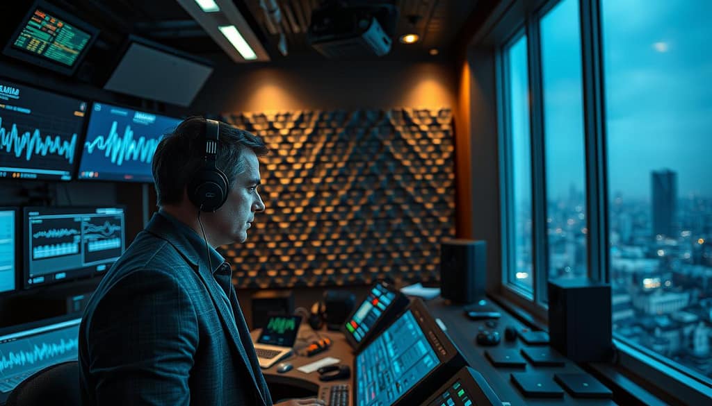 A high-tech control room filled with advanced sound management equipment, featuring sleek noise-canceling technologies and visual soundwave displays. In the foreground, a professional in modest business attire closely monitors audio levels on a digital interface, showing intense focus. The middle ground has a sophisticated sound-dampening wall and sound-absorbing panels, absorbing all acoustic vibrations. The background displays large windows with the faint silhouette of a bustling city, suggesting an urban environment. The lighting is dim, enhanced by soft blue and green hues, creating a high-tech, contemplative atmosphere. The scene conveys a sense of precision and discipline in sound management, essential for mastering stealth tactics. A high-tech control room filled with advanced sound management equipment, featuring sleek noise-canceling technologies and visual soundwave displays. In the foreground, a professional in modest business attire closely monitors audio levels on a digital interface, showing intense focus. The middle ground has a sophisticated sound-dampening wall and sound-absorbing panels, absorbing all acoustic vibrations. The background displays large windows with the faint silhouette of a bustling city, suggesting an urban environment. The lighting is dim, enhanced by soft blue and green hues, creating a high-tech, contemplative atmosphere. The scene conveys a sense of precision and discipline in sound management, essential for mastering stealth tactics.