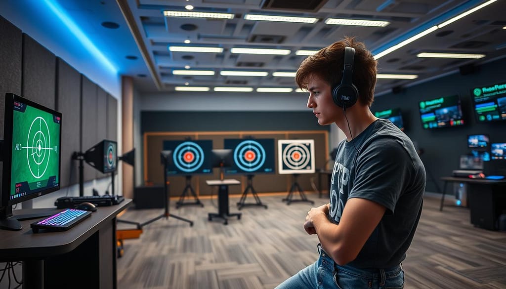 A modern gaming training facility featuring several aim training practice drills. In the foreground, a young adult wearing a fitted graphic tee and comfortable jeans is focused on a computer screen displaying a target simulation, with LED lights subtly illuminating their workstation. In the middle, various high-tech equipment and targets are set up, showcasing different drill setups like moving targets and precision strike zones. The background features a well-lit space with high ceilings, sound-absorbing panels, and rows of screens displaying statistics and performance metrics. The atmosphere is energetic and intense, with a slight blue hue from overhead LED lights, creating a motivating environment for gamers. The lens captures a slightly angled view for depth, emphasizing the drill activities in clear, sharp detail. A modern gaming training facility featuring several aim training practice drills. In the foreground, a young adult wearing a fitted graphic tee and comfortable jeans is focused on a computer screen displaying a target simulation, with LED lights subtly illuminating their workstation. In the middle, various high-tech equipment and targets are set up, showcasing different drill setups like moving targets and precision strike zones. The background features a well-lit space with high ceilings, sound-absorbing panels, and rows of screens displaying statistics and performance metrics. The atmosphere is energetic and intense, with a slight blue hue from overhead LED lights, creating a motivating environment for gamers. The lens captures a slightly angled view for depth, emphasizing the drill activities in clear, sharp detail.