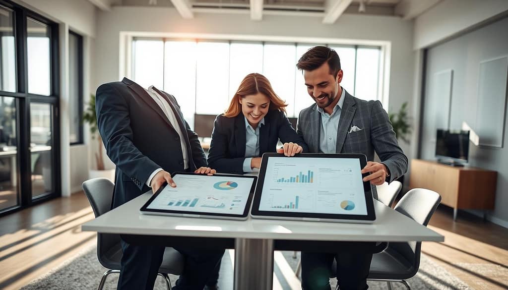 A professional duo engaged in a dynamic partnership focused on risk mitigation strategies, set in a contemporary office environment. In the foreground, two individuals—one wearing a tailored navy suit and the other in smart casual attire—are collaborating over a large digital tablet displaying graphs and charts. In the middle ground, a sleek conference table and modern office décor enhance the professional atmosphere. The background features large windows allowing natural light to flood the space, creating a bright and inviting mood. Soft shadows emphasize the depth of the room, captured with a slight upward angle to convey optimism and teamwork. The scene reflects a sense of focus, collaboration, and strategic planning, illustrating the theme of partnership in risk management. A professional duo engaged in a dynamic partnership focused on risk mitigation strategies, set in a contemporary office environment. In the foreground, two individuals—one wearing a tailored navy suit and the other in smart casual attire—are collaborating over a large digital tablet displaying graphs and charts. In the middle ground, a sleek conference table and modern office décor enhance the professional atmosphere. The background features large windows allowing natural light to flood the space, creating a bright and inviting mood. Soft shadows emphasize the depth of the room, captured with a slight upward angle to convey optimism and teamwork. The scene reflects a sense of focus, collaboration, and strategic planning, illustrating the theme of partnership in risk management.