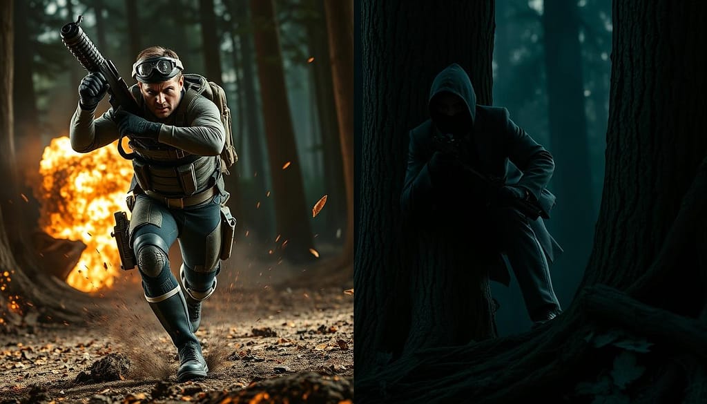 A split-scene comparison of aggressive and passive playstyles in a dynamic combat environment. On the left side, an intense, action-packed moment captures a character, clad in tactical gear, charging forward with determination, showcasing an aggressive approach. Bright, dramatic lighting highlights their fierce expression and the motion of a weapon raised. On the right side, a stealthy figure in professional attire crouches behind a tree, carefully observing the surroundings, embodying the passive ambush style. Soft, muted lighting creates a calm and suspenseful atmosphere as shadows envelop the character. The background features a forest setting, with hints of both chaos on the left and tranquility on the right, emphasizing the contrasting moods of aggression and stealth. Capture this angle from a slightly elevated perspective, enhancing the visual impact of both styles. A split-scene comparison of aggressive and passive playstyles in a dynamic combat environment. On the left side, an intense, action-packed moment captures a character, clad in tactical gear, charging forward with determination, showcasing an aggressive approach. Bright, dramatic lighting highlights their fierce expression and the motion of a weapon raised. On the right side, a stealthy figure in professional attire crouches behind a tree, carefully observing the surroundings, embodying the passive ambush style. Soft, muted lighting creates a calm and suspenseful atmosphere as shadows envelop the character. The background features a forest setting, with hints of both chaos on the left and tranquility on the right, emphasizing the contrasting moods of aggression and stealth. Capture this angle from a slightly elevated perspective, enhancing the visual impact of both styles.