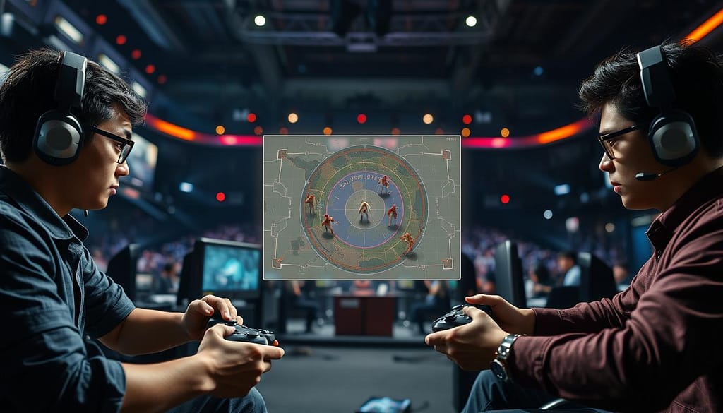 A strategic gaming scene set in a competitive video game environment during an intense endgame scenario. In the foreground, two players dressed in professional casual clothing are intensely focused on their screens, showcasing key elements of isolation strategy. Their body language conveys determination and concentration, with hands poised over controllers. In the middle, illustrate a detailed map view with a shrinking safe zone, highlighting the positioning of players and potential opponents in the area around them, creating a tense atmosphere. The background features a dimly lit esports arena, with ambient lighting casting dramatic shadows. Use a shallow depth of field to emphasize the players while slightly blurring the surroundings, enhancing the mood of urgency and strategy. A strategic gaming scene set in a competitive video game environment during an intense endgame scenario. In the foreground, two players dressed in professional casual clothing are intensely focused on their screens, showcasing key elements of isolation strategy. Their body language conveys determination and concentration, with hands poised over controllers. In the middle, illustrate a detailed map view with a shrinking safe zone, highlighting the positioning of players and potential opponents in the area around them, creating a tense atmosphere. The background features a dimly lit esports arena, with ambient lighting casting dramatic shadows. Use a shallow depth of field to emphasize the players while slightly blurring the surroundings, enhancing the mood of urgency and strategy.