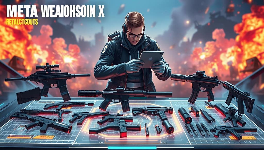 A visually striking depiction of a "Meta Weapons Loadout Configuration" themed around a Battle Royale setting. In the foreground, showcase an array of futuristic weapons, including sleek rifles, compact handguns, and advanced melee weapons, all meticulously arranged on a high-tech holographic display. In the middle ground, feature a stylized character in professional tactical attire, analyzing the loadout on a digital tablet, their expression focused and strategic. The background should depict a vibrant battleground with a chaotic yet thrilling atmosphere, filled with distant explosions and colorful smoke effects. Use dynamic lighting to highlight the weapons, casting dramatic shadows while maintaining a sharp, clear focus. Capture a sense of urgency and excitement, making the viewer feel immersed in the competitive world of battle royale games. A visually striking depiction of a "Meta Weapons Loadout Configuration" themed around a Battle Royale setting. In the foreground, showcase an array of futuristic weapons, including sleek rifles, compact handguns, and advanced melee weapons, all meticulously arranged on a high-tech holographic display. In the middle ground, feature a stylized character in professional tactical attire, analyzing the loadout on a digital tablet, their expression focused and strategic. The background should depict a vibrant battleground with a chaotic yet thrilling atmosphere, filled with distant explosions and colorful smoke effects. Use dynamic lighting to highlight the weapons, casting dramatic shadows while maintaining a sharp, clear focus. Capture a sense of urgency and excitement, making the viewer feel immersed in the competitive world of battle royale games.