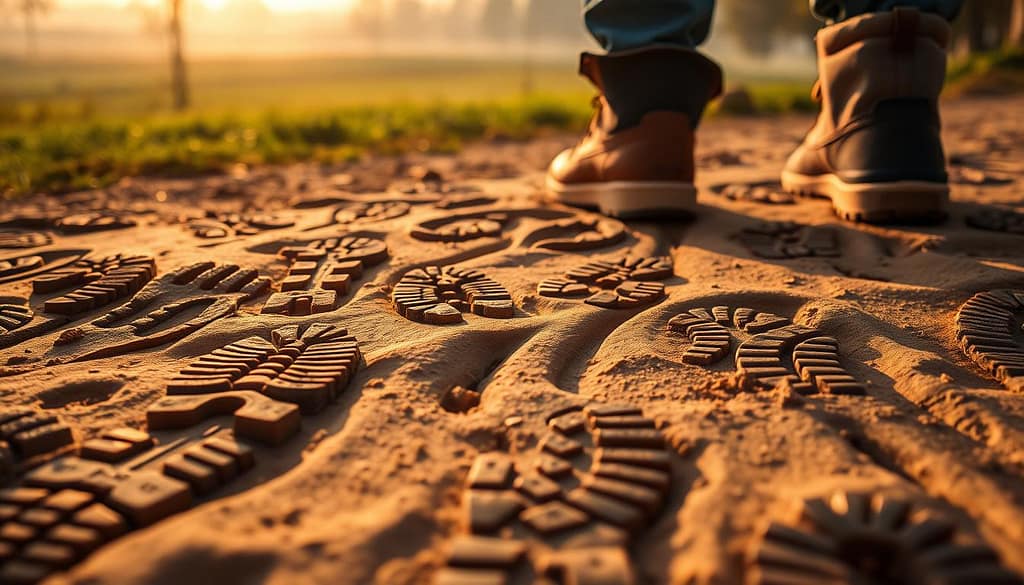 A close-up view of diverse footstep patterns imprinted on a soft, earthy ground, showcasing tracks from different types of shoes: sneakers, boots, and heels. In the foreground, the intricate designs of the soles are highlighted, with varying depths creating a sense of three-dimensionality. The middle ground features a blurred green meadow and distant trees, softly illuminated by the golden hues of the morning sun filtering through a light mist, creating an ethereal atmosphere. This scene conveys a feeling of exploration and anticipation, inviting the viewer to consider the significance of the footstep patterns in tracking movement. The camera angle is slightly elevated to capture an expansive view of the patterns while drawing attention to the details. The lighting is warm, enhancing the natural beauty of the environment. A close-up view of diverse footstep patterns imprinted on a soft, earthy ground, showcasing tracks from different types of shoes: sneakers, boots, and heels. In the foreground, the intricate designs of the soles are highlighted, with varying depths creating a sense of three-dimensionality. The middle ground features a blurred green meadow and distant trees, softly illuminated by the golden hues of the morning sun filtering through a light mist, creating an ethereal atmosphere. This scene conveys a feeling of exploration and anticipation, inviting the viewer to consider the significance of the footstep patterns in tracking movement. The camera angle is slightly elevated to capture an expansive view of the patterns while drawing attention to the details. The lighting is warm, enhancing the natural beauty of the environment.