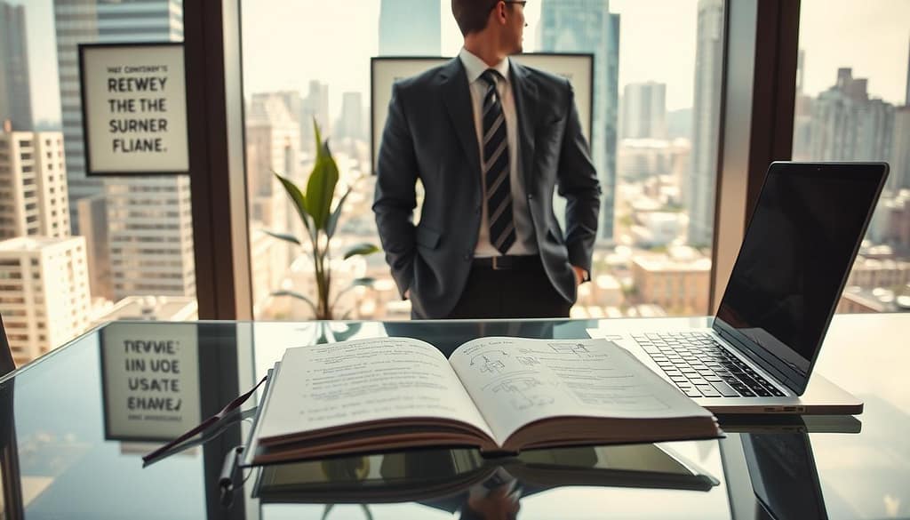 A determined business professional, dressed in professional attire, stands at a sleek glass desk, gazing out of a large window with a view of a vibrant cityscape. The sunlight streams through the glass, creating a warm, uplifting atmosphere. In the foreground, an open notebook lies next to a laptop, pages filled with notes and sketches reflecting ideas for improvement. The middle ground features a stylish indoor plant and motivational quotes framed on the wall behind the subject, symbolizing growth and resilience. In the background, the bustling city life represents the dynamic competitive environment. The angle is slightly tilted to create an impression of movement, capturing the essence of renewal and a confident reset after setbacks, inspiring viewers with a feeling of hope and determination. A determined business professional, dressed in professional attire, stands at a sleek glass desk, gazing out of a large window with a view of a vibrant cityscape. The sunlight streams through the glass, creating a warm, uplifting atmosphere. In the foreground, an open notebook lies next to a laptop, pages filled with notes and sketches reflecting ideas for improvement. The middle ground features a stylish indoor plant and motivational quotes framed on the wall behind the subject, symbolizing growth and resilience. In the background, the bustling city life represents the dynamic competitive environment. The angle is slightly tilted to create an impression of movement, capturing the essence of renewal and a confident reset after setbacks, inspiring viewers with a feeling of hope and determination.