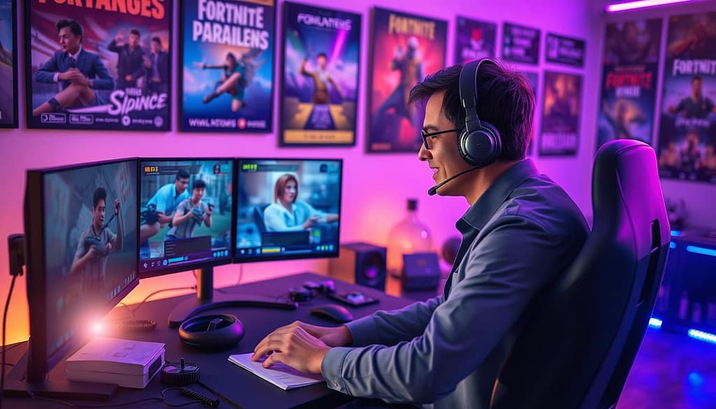A dynamic scene capturing a "VOD review analysis" in a battle royale gaming context. In the foreground, a professional analyst, dressed in smart casual attire, is intently focused on a dual monitor setup displaying game footage with highlighted key moments. The middle ground features a sleek gaming chair and a modern gaming desk cluttered with notes and a high-tech headset. The background reveals a wall adorned with posters of famous esports tournaments, vibrant LED lighting creating an energetic atmosphere. Soft, warm lighting highlights the analyst’s concentration while cooler tones reflect off the screens. A subtle lens flare adds depth, evoking a sense of immersion and professionalism. The overall mood is one of intense focus and excitement, reflecting the analytical process behind what sets professional players apart. A dynamic scene capturing a "VOD review analysis" in a battle royale gaming context. In the foreground, a professional analyst, dressed in smart casual attire, is intently focused on a dual monitor setup displaying game footage with highlighted key moments. The middle ground features a sleek gaming chair and a modern gaming desk cluttered with notes and a high-tech headset. The background reveals a wall adorned with posters of famous esports tournaments, vibrant LED lighting creating an energetic atmosphere. Soft, warm lighting highlights the analyst’s concentration while cooler tones reflect off the screens. A subtle lens flare adds depth, evoking a sense of immersion and professionalism. The overall mood is one of intense focus and excitement, reflecting the analytical process behind what sets professional players apart.