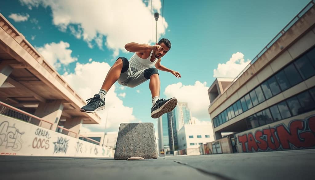 A dynamic scene depicting a skilled athlete performing the "bunny hop technique" in a stylish urban environment. The foreground features the athlete in athletic wear, mid-air, expertly executing the movement over a small obstacle, with a focused expression showcasing determination. In the middle ground, a modern cityscape is visible, with concrete structures and graffiti art adding a vibrant touch. The background features a clear blue sky with soft, fluffy clouds, creating an energetic atmosphere. Utilize soft natural lighting to highlight the athlete's form and movement, with a slight motion blur to emphasize speed and agility. Capture the image from a low angle to enhance the sense of elevation and action, conveying the excitement of combining movement with shooting. A dynamic scene depicting a skilled athlete performing the "bunny hop technique" in a stylish urban environment. The foreground features the athlete in athletic wear, mid-air, expertly executing the movement over a small obstacle, with a focused expression showcasing determination. In the middle ground, a modern cityscape is visible, with concrete structures and graffiti art adding a vibrant touch. The background features a clear blue sky with soft, fluffy clouds, creating an energetic atmosphere. Utilize soft natural lighting to highlight the athlete's form and movement, with a slight motion blur to emphasize speed and agility. Capture the image from a low angle to enhance the sense of elevation and action, conveying the excitement of combining movement with shooting.