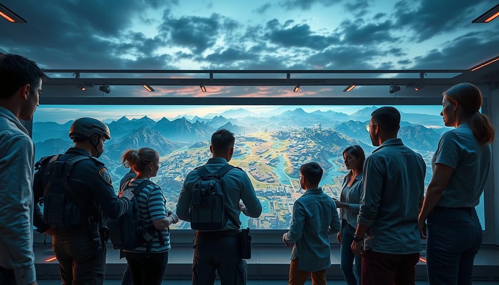 A dynamic scene depicting strategy adaptation drills in a futuristic battle royale environment. In the foreground, a diverse group of individuals dressed in professional tactical attire and modest casual clothing are intensely engaged in planning strategies around a large digital map displayed on a holographic screen. The middle ground showcases various terrain types, from rugged mountains to urban landscapes, representing the diverse maps in the game. In the background, a soft dusk light casts dramatic shadows, highlighting the excitement and urgency of the drill. The atmosphere is charged with focus and teamwork, with vibrant colors symbolizing innovation and adaptability. The lens captures a wide-angle view, emphasizing both the collaboration in the foreground and the diverse environments behind. A dynamic scene depicting strategy adaptation drills in a futuristic battle royale environment. In the foreground, a diverse group of individuals dressed in professional tactical attire and modest casual clothing are intensely engaged in planning strategies around a large digital map displayed on a holographic screen. The middle ground showcases various terrain types, from rugged mountains to urban landscapes, representing the diverse maps in the game. In the background, a soft dusk light casts dramatic shadows, highlighting the excitement and urgency of the drill. The atmosphere is charged with focus and teamwork, with vibrant colors symbolizing innovation and adaptability. The lens captures a wide-angle view, emphasizing both the collaboration in the foreground and the diverse environments behind.