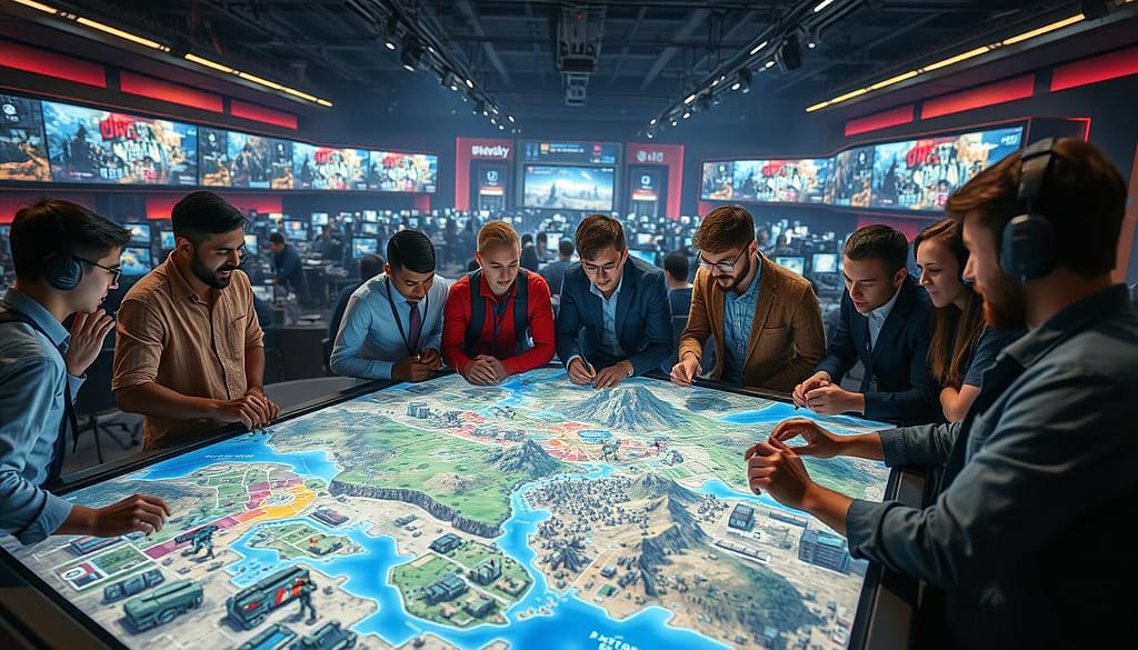 A dynamic scene illustrating the adaptation of playstyles in a battle royale environment. Foreground: a group of diverse, professional gamers gathered around a high-tech digital map table, analyzing battle strategies. They’re dressed in smart casual attire, focused and engaged. Middle ground: a vibrant mix of various terrains like urban areas, forests, and mountains on the map, with color-coded zones indicating different strategies. Background: a futuristic gaming arena filled with screens displaying live gameplay, subtle ambient lighting creating an intense atmosphere. Use a wide-angle lens to capture the excitement and tension in the air, emphasizing collaboration and strategy evolution. The mood should feel energetic and innovative, suggesting a new era of competitive gaming. A dynamic scene illustrating the adaptation of playstyles in a battle royale environment. Foreground: a group of diverse, professional gamers gathered around a high-tech digital map table, analyzing battle strategies. They’re dressed in smart casual attire, focused and engaged. Middle ground: a vibrant mix of various terrains like urban areas, forests, and mountains on the map, with color-coded zones indicating different strategies. Background: a futuristic gaming arena filled with screens displaying live gameplay, subtle ambient lighting creating an intense atmosphere. Use a wide-angle lens to capture the excitement and tension in the air, emphasizing collaboration and strategy evolution. The mood should feel energetic and innovative, suggesting a new era of competitive gaming.