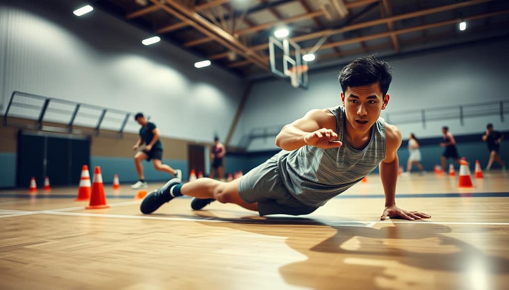 A dynamic scene showcasing the slide cancel technique in a competitive sports setting. In the foreground, an athletic figure in modest casual workout attire performs a slide with precision, knees bent and body low to the ground, demonstrating agility and speed. The character’s facial expression conveys focus and determination. In the middle ground, a training area is filled with cones and markers, emphasizing spatial awareness, while additional athletes practice evasion drills nearby, creating a sense of motion. The background features a blurred gymnasium with bright overhead lights casting sharp shadows, adding energy to the atmosphere. The angle captures a slight low perspective, highlighting the action’s intensity and urgency. Overall, the image conveys a mood of dedication and mastery in movement. A dynamic scene showcasing the slide cancel technique in a competitive sports setting. In the foreground, an athletic figure in modest casual workout attire performs a slide with precision, knees bent and body low to the ground, demonstrating agility and speed. The character’s facial expression conveys focus and determination. In the middle ground, a training area is filled with cones and markers, emphasizing spatial awareness, while additional athletes practice evasion drills nearby, creating a sense of motion. The background features a blurred gymnasium with bright overhead lights casting sharp shadows, adding energy to the atmosphere. The angle captures a slight low perspective, highlighting the action’s intensity and urgency. Overall, the image conveys a mood of dedication and mastery in movement.
