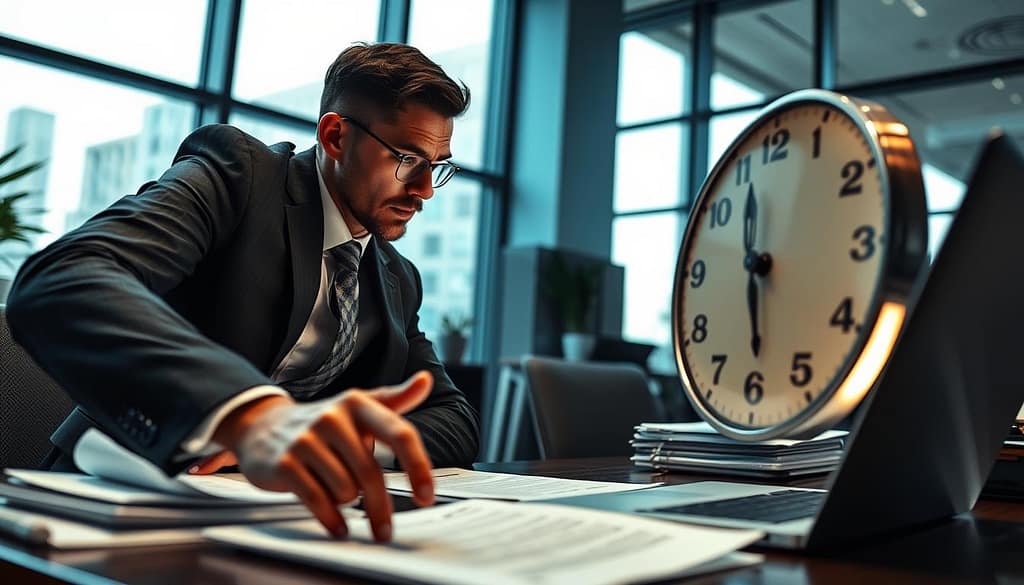 A professional business setting showcasing an opportunist figure in a sharp business suit, intently observing a clock that symbolizes precise timing. In the foreground, the figure's focused expression conveys determination and strategy, with their hand poised to make a decisive move. The middle ground features a desk cluttered with strategically placed documents and a glowing laptop, emphasizing the hustle of decision-making in real-time. The background is a modern office with large windows allowing natural light to filter in, casting dynamic shadows that enhance the sense of urgency. The mood is tense yet optimistic, conveying the balancing act of seizing opportunities at the right moment. The perspective is slightly low-angle, empowering the figure while keeping the clock prominently in view. The overall atmosphere is one of strategic mastery and calculated risks. A professional business setting showcasing an opportunist figure in a sharp business suit, intently observing a clock that symbolizes precise timing. In the foreground, the figure's focused expression conveys determination and strategy, with their hand poised to make a decisive move. The middle ground features a desk cluttered with strategically placed documents and a glowing laptop, emphasizing the hustle of decision-making in real-time. The background is a modern office with large windows allowing natural light to filter in, casting dynamic shadows that enhance the sense of urgency. The mood is tense yet optimistic, conveying the balancing act of seizing opportunities at the right moment. The perspective is slightly low-angle, empowering the figure while keeping the clock prominently in view. The overall atmosphere is one of strategic mastery and calculated risks.