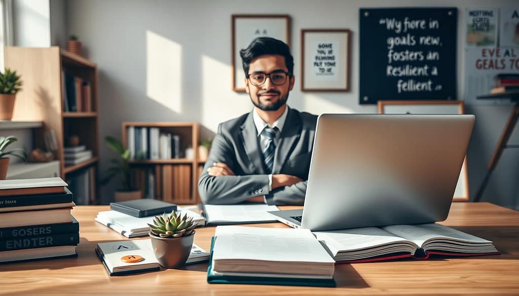 A serene workspace featuring a confident individual engaged in a focus routine. In the foreground, a person wearing professional business attire, sitting at a neat desk, surrounded by motivational books and a notepad filled with notes. In the middle, a laptop displays a calm yet inspiring background image, while a succulent plant adds a touch of nature. Soft, natural light floods the scene from a nearby window, creating gentle shadows. In the background, shelves filled with books, an inspiring quote framed on the wall, and a vision board filled with goals contribute to a productive atmosphere. The overall mood is one of determination and tranquility, ideal for fostering a resilient mindset. A serene workspace featuring a confident individual engaged in a focus routine. In the foreground, a person wearing professional business attire, sitting at a neat desk, surrounded by motivational books and a notepad filled with notes. In the middle, a laptop displays a calm yet inspiring background image, while a succulent plant adds a touch of nature. Soft, natural light floods the scene from a nearby window, creating gentle shadows. In the background, shelves filled with books, an inspiring quote framed on the wall, and a vision board filled with goals contribute to a productive atmosphere. The overall mood is one of determination and tranquility, ideal for fostering a resilient mindset.
