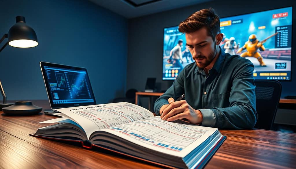 A sleek, modern workspace displaying an open esports strategies rulebook on a wooden desk, with pages annotated in vibrant colors. In the foreground, a focused professional in smart casual attire analyzes the rulebook while jotting down notes. The middle layer features a high-tech laptop, displaying graphs and performance metrics related to battle royale tournament strategies. In the background, a large digital screen shows an intense esports match, casting dynamic lighting across the room. The atmosphere is charged with concentration and competitive energy, enhanced by a well-lit environment, with soft blue tones contrasting against warm desk lighting. The image captures the essence of deep strategic analysis, reflecting the evolving tournament meta. A sleek, modern workspace displaying an open esports strategies rulebook on a wooden desk, with pages annotated in vibrant colors. In the foreground, a focused professional in smart casual attire analyzes the rulebook while jotting down notes. The middle layer features a high-tech laptop, displaying graphs and performance metrics related to battle royale tournament strategies. In the background, a large digital screen shows an intense esports match, casting dynamic lighting across the room. The atmosphere is charged with concentration and competitive energy, enhanced by a well-lit environment, with soft blue tones contrasting against warm desk lighting. The image captures the essence of deep strategic analysis, reflecting the evolving tournament meta.