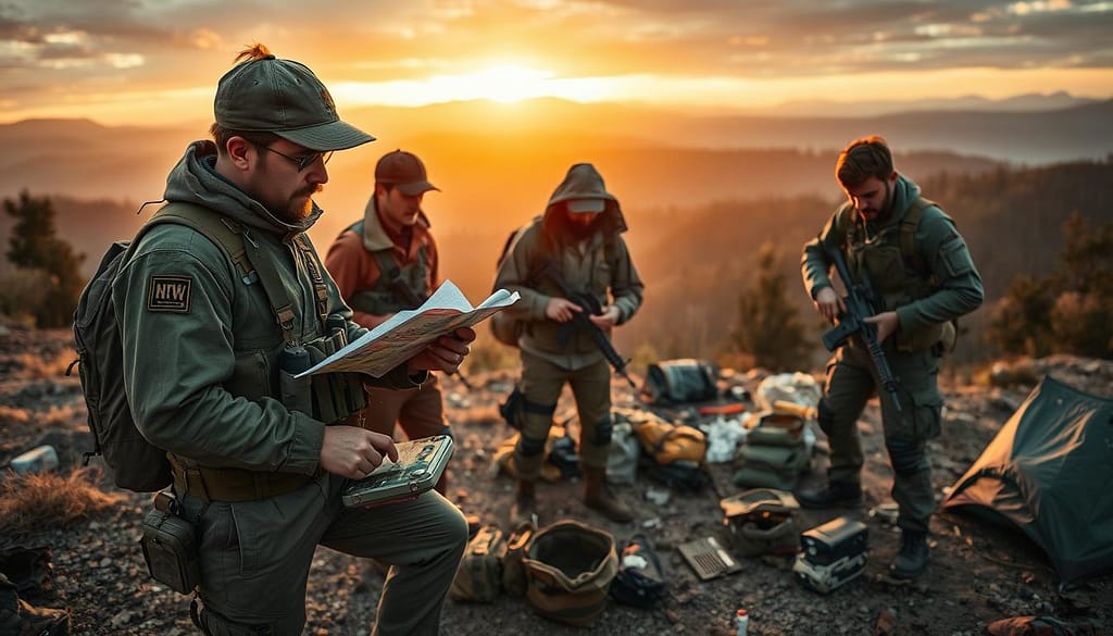 A tactical scene depicting a diverse group of explorers assessing their surroundings in a rugged environment, embodying the essence of resource management. In the foreground, focus on a strategist in professional outdoor attire, studying a map while two teammates gather supplies: one is stocking medical kits, and the other is checking ammunition reserves. The middle ground reveals a makeshift campsite with scattered gear, creating a sense of preparedness. In the background, a sprawling landscape of mountains and trees under a dramatic sunset casts a warm golden light, enhancing the atmosphere of urgency and collaboration. The mood reflects tension balanced with hope, emphasizing the pivotal moment of decision-making between engagement and gathering resources. The composition should be shot from a slightly elevated angle, allowing for a broad view of the scene while maintaining intimacy with the characters’ actions. A tactical scene depicting a diverse group of explorers assessing their surroundings in a rugged environment, embodying the essence of resource management. In the foreground, focus on a strategist in professional outdoor attire, studying a map while two teammates gather supplies: one is stocking medical kits, and the other is checking ammunition reserves. The middle ground reveals a makeshift campsite with scattered gear, creating a sense of preparedness. In the background, a sprawling landscape of mountains and trees under a dramatic sunset casts a warm golden light, enhancing the atmosphere of urgency and collaboration. The mood reflects tension balanced with hope, emphasizing the pivotal moment of decision-making between engagement and gathering resources. The composition should be shot from a slightly elevated angle, allowing for a broad view of the scene while maintaining intimacy with the characters’ actions.