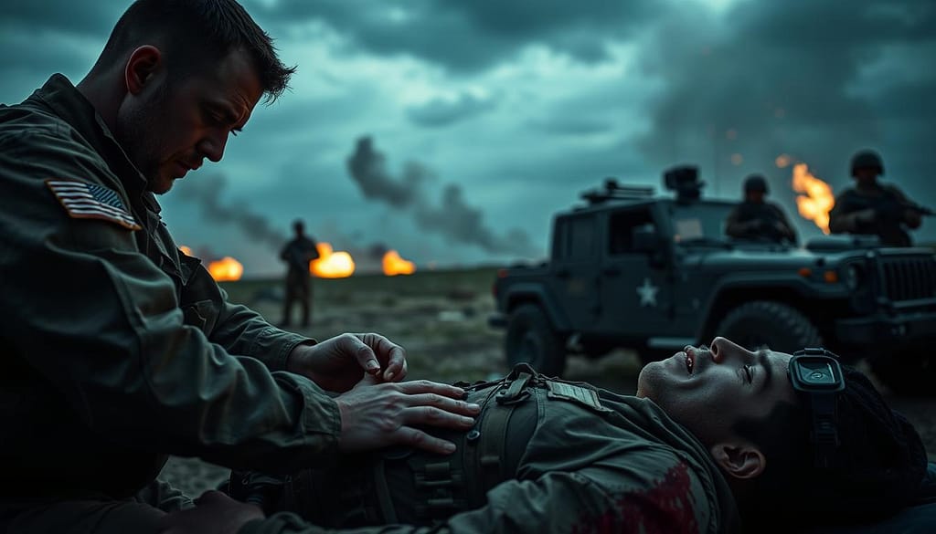 A tense battlefield scene capturing the moment of tactical healing under fire. In the foreground, a focused medic in modest tactical uniform administers first aid to an injured soldier, both displaying determination amidst chaos. The medic's hands are steady, utilizing a medical kit, with bloodstained bandages and equipment visible. The middle ground reveals a backdrop of distant explosions and smoke, contrasting with the soldier's urgent need for healing. In the background, partially hidden, a military vehicle is stationed, with armed personnel providing cover. The lighting is dramatic, with flashes of light from explosions and a dusky sky, creating an urgent and tense atmosphere. The angle of the shot emphasizes depth, with a slight tilt to convey action and urgency. A tense battlefield scene capturing the moment of tactical healing under fire. In the foreground, a focused medic in modest tactical uniform administers first aid to an injured soldier, both displaying determination amidst chaos. The medic's hands are steady, utilizing a medical kit, with bloodstained bandages and equipment visible. The middle ground reveals a backdrop of distant explosions and smoke, contrasting with the soldier's urgent need for healing. In the background, partially hidden, a military vehicle is stationed, with armed personnel providing cover. The lighting is dramatic, with flashes of light from explosions and a dusky sky, creating an urgent and tense atmosphere. The angle of the shot emphasizes depth, with a slight tilt to convey action and urgency.