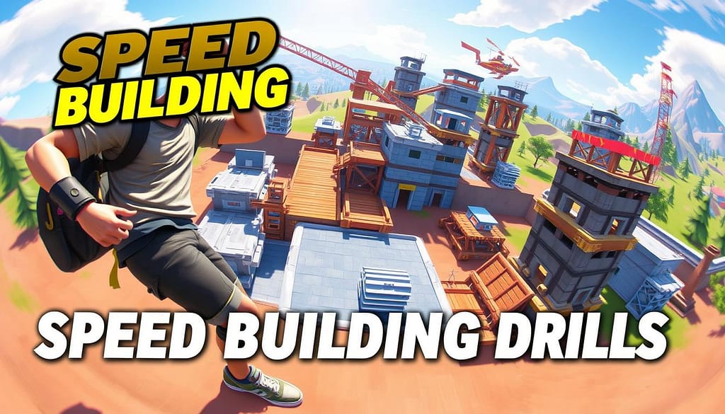 A dynamic and engaging image representing "speed building drills" for a gaming tutorial on construction strategies in build-enabled battle royale games. In the foreground, depict a confident gamer actively constructing a complex structure with rapid speed, wearing casual gaming attire. In the middle ground, show various building elements like ramps, walls, and platforms, all in a stylized, vibrant game environment. The background features a stylized digital landscape with hills and trees, illuminated by a bright, sunny atmosphere. Use a slight fisheye lens effect to emphasize the depth and action of the scene, creating an immersive feel. The overall mood should be energetic and competitive, showcasing the excitement and urgency of speed building in gameplay. A dynamic and engaging image representing "speed building drills" for a gaming tutorial on construction strategies in build-enabled battle royale games. In the foreground, depict a confident gamer actively constructing a complex structure with rapid speed, wearing casual gaming attire. In the middle ground, show various building elements like ramps, walls, and platforms, all in a stylized, vibrant game environment. The background features a stylized digital landscape with hills and trees, illuminated by a bright, sunny atmosphere. Use a slight fisheye lens effect to emphasize the depth and action of the scene, creating an immersive feel. The overall mood should be energetic and competitive, showcasing the excitement and urgency of speed building in gameplay.
