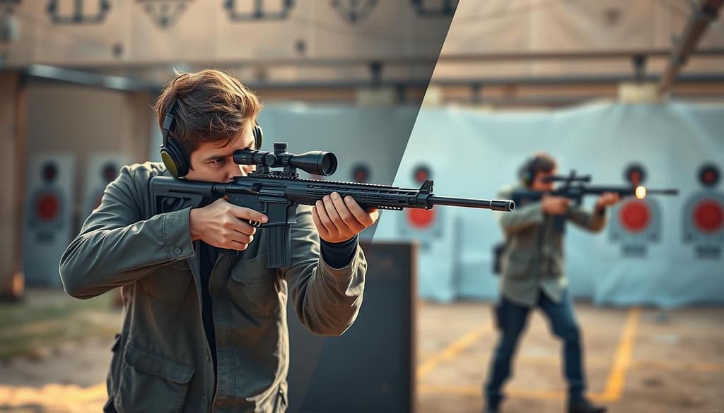 A dynamic split-scene illustration depicting the contrasting techniques of "flick" and "tracking" in sharpshooting. In the foreground, a focused shooter in professional casual attire demonstrates flick aiming, fluidly shifting their rifle aimed at a distant target, showcasing precision and agility. In the middle ground, another sharpshooter adopts a steady tracking posture, carefully following a moving target, illustrating control and patience. The background features a realistic shooting range with targets set at various distances, under natural lighting that highlights the tension of the moment. A blurred bokeh effect adds depth, enhancing the sense of action and focus on the shooters. The overall mood conveys intensity and mastery, embodying the training aspect of elite aim development. A dynamic split-scene illustration depicting the contrasting techniques of "flick" and "tracking" in sharpshooting. In the foreground, a focused shooter in professional casual attire demonstrates flick aiming, fluidly shifting their rifle aimed at a distant target, showcasing precision and agility. In the middle ground, another sharpshooter adopts a steady tracking posture, carefully following a moving target, illustrating control and patience. The background features a realistic shooting range with targets set at various distances, under natural lighting that highlights the tension of the moment. A blurred bokeh effect adds depth, enhancing the sense of action and focus on the shooters. The overall mood conveys intensity and mastery, embodying the training aspect of elite aim development.