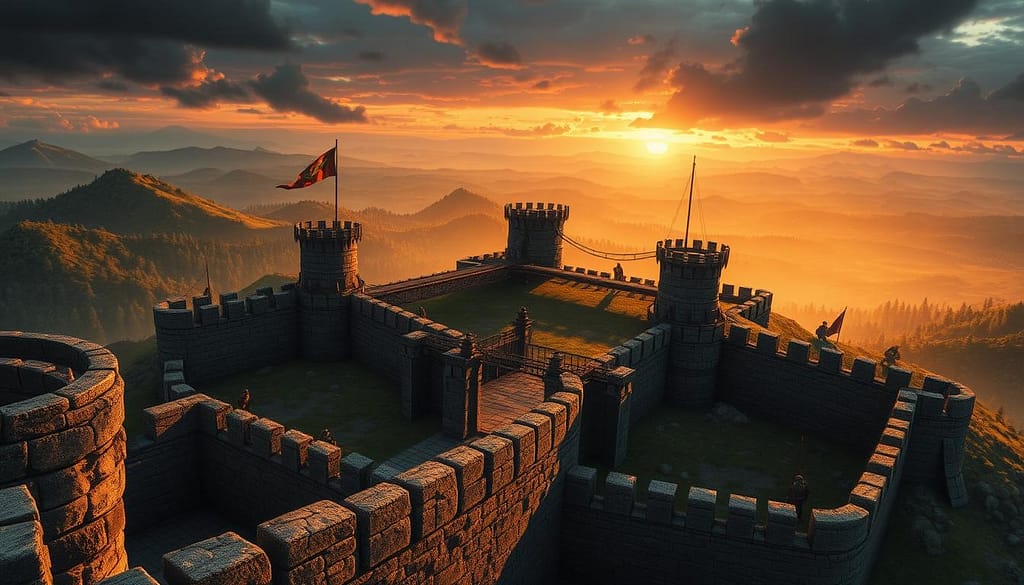 A highly detailed illustration of a strategic fortifications choke point design in a dynamic gaming environment. In the foreground, depict rugged stone barriers and reinforced gates, strategically placed to control enemy movements. In the middle ground, include defensive towers equipped with archers and intricate bridge mechanisms for attacking forces. The background should feature a diverse landscape of hills and forests, under a dramatic sunset that casts long shadows, creating a tense atmosphere. Use a wide-angle perspective to capture the scale and complexity of the fortifications. The lighting should emphasize the stone textures and the warriors’ positions, evoking a sense of urgency and strategy. The overall mood should convey anticipation and tactical planning, suitable for a competitive gameplay scenario. A highly detailed illustration of a strategic fortifications choke point design in a dynamic gaming environment. In the foreground, depict rugged stone barriers and reinforced gates, strategically placed to control enemy movements. In the middle ground, include defensive towers equipped with archers and intricate bridge mechanisms for attacking forces. The background should feature a diverse landscape of hills and forests, under a dramatic sunset that casts long shadows, creating a tense atmosphere. Use a wide-angle perspective to capture the scale and complexity of the fortifications. The lighting should emphasize the stone textures and the warriors’ positions, evoking a sense of urgency and strategy. The overall mood should convey anticipation and tactical planning, suitable for a competitive gameplay scenario.