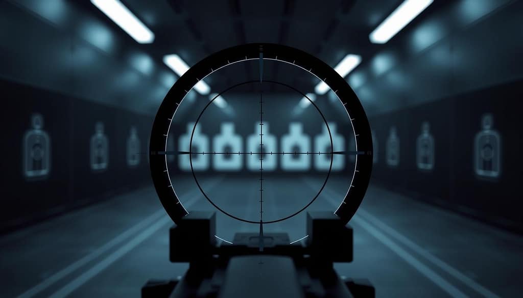 A highly detailed image of a digital target acquisition crosshair interface, displayed prominently in the foreground with a sleek, modern design. The crosshairs should showcase various reticle settings, including dotted, cross, and circular patterns, oriented precisely around a central aiming point. In the middle ground, depict a blurred representation of a shooting range with targets at varying distances, hinting at depth of field. The background should feature a subtle gradient of dark blues and grays to evoke a focused atmosphere, simulating a professional shooting environment. Soft, directional lighting should highlight the crosshair details, with a slight sheen to suggest a high-tech interface. The overall mood should be serious and focused, appropriate for a sharpshooter training scenario. A highly detailed image of a digital target acquisition crosshair interface, displayed prominently in the foreground with a sleek, modern design. The crosshairs should showcase various reticle settings, including dotted, cross, and circular patterns, oriented precisely around a central aiming point. In the middle ground, depict a blurred representation of a shooting range with targets at varying distances, hinting at depth of field. The background should feature a subtle gradient of dark blues and grays to evoke a focused atmosphere, simulating a professional shooting environment. Soft, directional lighting should highlight the crosshair details, with a slight sheen to suggest a high-tech interface. The overall mood should be serious and focused, appropriate for a sharpshooter training scenario.