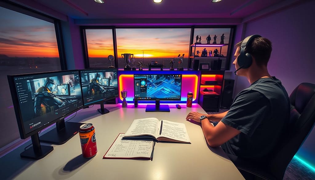 A modern gaming room showcasing a VOD review session. In the foreground, a focused player sits at a sleek desk, surrounded by three large monitors displaying gameplay footage and analysis tools, wearing a comfortable yet professional T-shirt and headset. In the middle, an open notebook filled with annotations and strategies is placed beside an energy drink. In the background, a vibrant LED-lit shelf displays gaming trophies and action figures. Soft ambient lighting enhances the productive atmosphere, giving a sense of concentration and teamwork. A panoramic view through a large window shows a sunset outside, casting warm tones that create an inviting and motivating environment for serious practice. A modern gaming room showcasing a VOD review session. In the foreground, a focused player sits at a sleek desk, surrounded by three large monitors displaying gameplay footage and analysis tools, wearing a comfortable yet professional T-shirt and headset. In the middle, an open notebook filled with annotations and strategies is placed beside an energy drink. In the background, a vibrant LED-lit shelf displays gaming trophies and action figures. Soft ambient lighting enhances the productive atmosphere, giving a sense of concentration and teamwork. A panoramic view through a large window shows a sunset outside, casting warm tones that create an inviting and motivating environment for serious practice.
