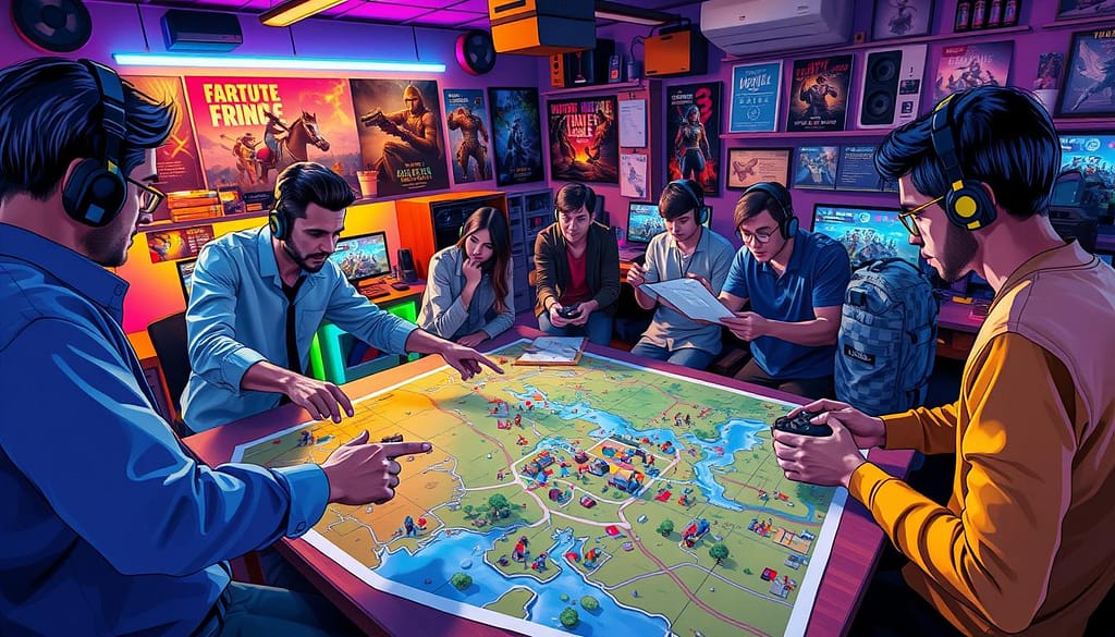A vibrant, dynamic illustration showcasing a diverse group of gamers engaged in a strategic discussion about Battle Royale tactics. In the foreground, two players in professional casual attire enthusiastically point at a large game map sprawled across a table, highlighting key areas. In the middle ground, a small group of players leans in, clipboard and controllers in hand, taking notes and sharing tips. The background features a cozy gaming room filled with colorful LED lighting, gaming posters, and multiple screens displaying gameplay footage. The scene captures a collaborative atmosphere, accentuated by warm, inviting lighting that suggests a creative brainstorming session. Use a wide-angle lens to create a sense of inclusiveness and focus on the interactions between the players, emphasizing teamwork and camaraderie. A vibrant, dynamic illustration showcasing a diverse group of gamers engaged in a strategic discussion about Battle Royale tactics. In the foreground, two players in professional casual attire enthusiastically point at a large game map sprawled across a table, highlighting key areas. In the middle ground, a small group of players leans in, clipboard and controllers in hand, taking notes and sharing tips. The background features a cozy gaming room filled with colorful LED lighting, gaming posters, and multiple screens displaying gameplay footage. The scene captures a collaborative atmosphere, accentuated by warm, inviting lighting that suggests a creative brainstorming session. Use a wide-angle lens to create a sense of inclusiveness and focus on the interactions between the players, emphasizing teamwork and camaraderie.