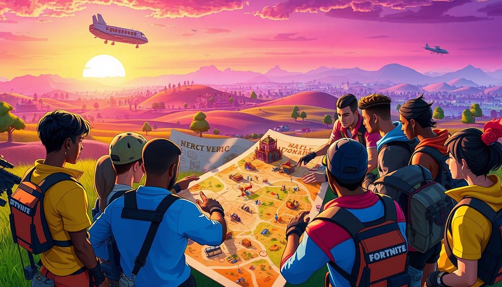 In a vibrant Fortnite landscape, a group of diverse players huddles around a detailed treasure map, showcasing their best “hidden” strategies. In the foreground, players of different ethnicities are dressed in colorful, tactical Fortnite outfits, intensely discussing their tactics while pointing at critical locations on the map. The middle ground features an imaginative terrain with rolling hills, fortified structures, and loot chests, illuminated by the warm glow of a sunset, casting dynamic shadows. The background is populated with iconic Fortnite elements like the Battle Bus soaring through a purple sky and distant mountains. The atmosphere is filled with excitement and camaraderie, capturing the essence of teamwork in the battle royale setting. The scene is depicted with bright colors and a slightly exaggerated, cartoonish style, reflecting the game's vibrant aesthetic. In a vibrant Fortnite landscape, a group of diverse players huddles around a detailed treasure map, showcasing their best “hidden” strategies. In the foreground, players of different ethnicities are dressed in colorful, tactical Fortnite outfits, intensely discussing their tactics while pointing at critical locations on the map. The middle ground features an imaginative terrain with rolling hills, fortified structures, and loot chests, illuminated by the warm glow of a sunset, casting dynamic shadows. The background is populated with iconic Fortnite elements like the Battle Bus soaring through a purple sky and distant mountains. The atmosphere is filled with excitement and camaraderie, capturing the essence of teamwork in the battle royale setting. The scene is depicted with bright colors and a slightly exaggerated, cartoonish style, reflecting the game's vibrant aesthetic.
