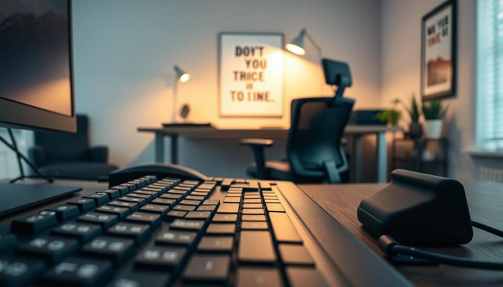A close-up of an ergonomic keyboard set at a slight incline, showcasing its angle for optimal wrist positioning. In the foreground, the keyboard features soft-touch keys and a built-in wrist rest, emphasizing comfort and support. A foot pedal lies nearby, designed for easy access, enhancing the ergonomic setup. In the middle ground, a well-lit modern office workspace with a sleek desk, a comfortable office chair, and a computer monitor positioned at eye level to promote good posture. The background subtly displays a motivational poster on the wall, creating a focused atmosphere. Soft, warm lighting fills the scene, highlighting the tools designed for precision and comfort in a professional environment. The overall mood is one of productivity and well-being, with no human figures present. A close-up of an ergonomic keyboard set at a slight incline, showcasing its angle for optimal wrist positioning. In the foreground, the keyboard features soft-touch keys and a built-in wrist rest, emphasizing comfort and support. A foot pedal lies nearby, designed for easy access, enhancing the ergonomic setup. In the middle ground, a well-lit modern office workspace with a sleek desk, a comfortable office chair, and a computer monitor positioned at eye level to promote good posture. The background subtly displays a motivational poster on the wall, creating a focused atmosphere. Soft, warm lighting fills the scene, highlighting the tools designed for precision and comfort in a professional environment. The overall mood is one of productivity and well-being, with no human figures present.