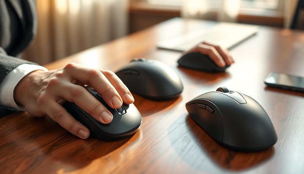 A close-up of three diverse mouse grip styles displayed on an elegant wooden desk. In the foreground, showcase a palm grip mouse held by a professional person dressed in polished business attire, fingers comfortably resting on the device. In the middle, highlight a claw grip mouse positioned beside, demonstrating a user with fingers arched, highlighting precision and control. A fingertip grip mouse is placed in the background, with an emphasis on the fingertips barely touching the surface, conveying flexibility and maneuverability. Soft natural lighting illuminates the scene, creating a warm, inviting atmosphere. Use a shallow depth of field to blur the desk slightly, focusing on the mice and grips. Aim for a clean and sophisticated look that underscores ergonomic design. A close-up of three diverse mouse grip styles displayed on an elegant wooden desk. In the foreground, showcase a palm grip mouse held by a professional person dressed in polished business attire, fingers comfortably resting on the device. In the middle, highlight a claw grip mouse positioned beside, demonstrating a user with fingers arched, highlighting precision and control. A fingertip grip mouse is placed in the background, with an emphasis on the fingertips barely touching the surface, conveying flexibility and maneuverability. Soft natural lighting illuminates the scene, creating a warm, inviting atmosphere. Use a shallow depth of field to blur the desk slightly, focusing on the mice and grips. Aim for a clean and sophisticated look that underscores ergonomic design.