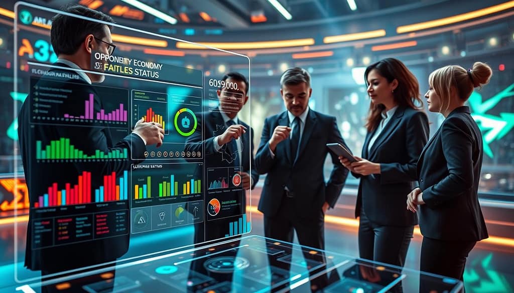 A detailed, high-tech analysis scene depicting a futuristic digital interface that tracks opponent economy and ultimate status in a gaming environment. In the foreground, a sleek, semi-transparent holographic display showcases various colorful graphs, charts, and iconography representing economy metrics and ultimate abilities. The middle ground features a diverse group of strategists in professional business attire, intently discussing strategies while pointing at the holographic data. The background displays a virtual gaming arena with dynamic lighting and abstract visuals that convey an intense atmosphere. Soft blue and green hues dominate the lighting, enhancing a sense of focus and insight. The angle is slightly tilted, providing a dynamic perspective as if the viewer is part of the strategic conversation. A detailed, high-tech analysis scene depicting a futuristic digital interface that tracks opponent economy and ultimate status in a gaming environment. In the foreground, a sleek, semi-transparent holographic display showcases various colorful graphs, charts, and iconography representing economy metrics and ultimate abilities. The middle ground features a diverse group of strategists in professional business attire, intently discussing strategies while pointing at the holographic data. The background displays a virtual gaming arena with dynamic lighting and abstract visuals that convey an intense atmosphere. Soft blue and green hues dominate the lighting, enhancing a sense of focus and insight. The angle is slightly tilted, providing a dynamic perspective as if the viewer is part of the strategic conversation.