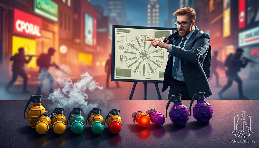 A detailed illustration of a "grenade lineups framework" set in a vibrant, tactical environment. In the foreground, showcase meticulously arranged grenades—smokes, flashes, and stuns—on a smooth, dark surface, emphasizing their distinct shapes and colors. In the middle ground, depict a tactical strategist in professional attire, pointing at a schematic map on a sleek digital display, with expressions of concentration and excitement. The background should feature a blurred urban battlefield, with hints of tactical equipment and silhouettes of buildings, creating an immersive atmosphere. Utilize dramatic lighting to highlight the grenades and the strategist, casting shadows that suggest depth and urgency. Capture a dynamic angle to convey the intensity and strategic importance of grenade use in crucial moments. A detailed illustration of a "grenade lineups framework" set in a vibrant, tactical environment. In the foreground, showcase meticulously arranged grenades—smokes, flashes, and stuns—on a smooth, dark surface, emphasizing their distinct shapes and colors. In the middle ground, depict a tactical strategist in professional attire, pointing at a schematic map on a sleek digital display, with expressions of concentration and excitement. The background should feature a blurred urban battlefield, with hints of tactical equipment and silhouettes of buildings, creating an immersive atmosphere. Utilize dramatic lighting to highlight the grenades and the strategist, casting shadows that suggest depth and urgency. Capture a dynamic angle to convey the intensity and strategic importance of grenade use in crucial moments.