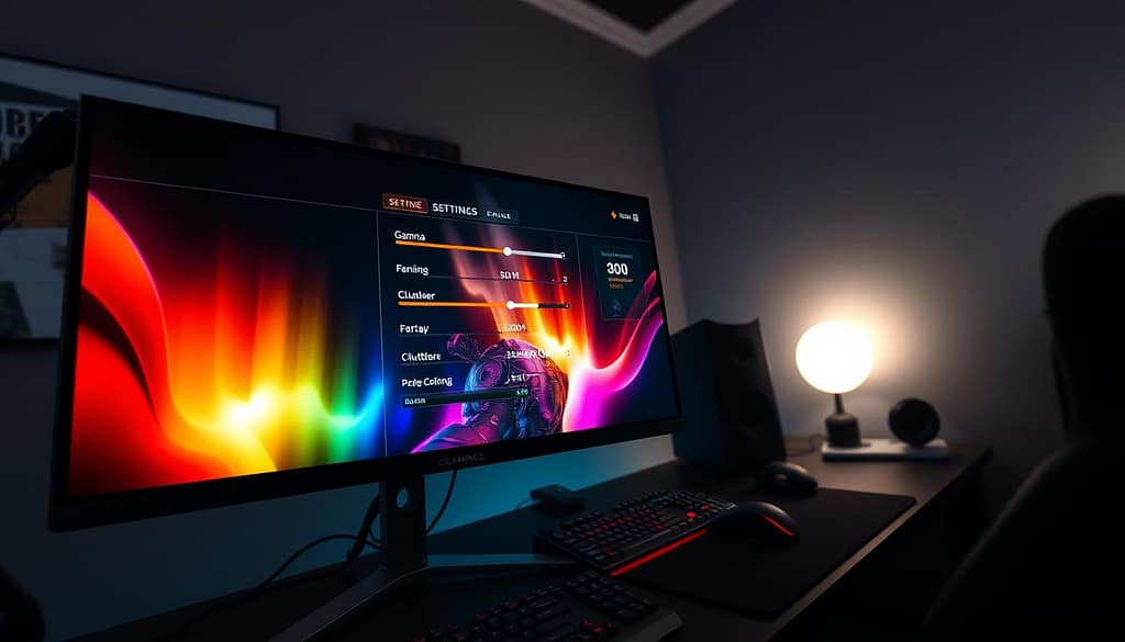 A detailed visualization of an FPS game graphics settings menu focused on visibility adjustments such as gamma levels and clutter management. In the foreground, a sleek, modern gaming monitor displays the settings interface with vibrant colors, sliders for gamma and clutter density, and clear icons representing various graphics options. The middle layer features a gaming desk with professional gaming peripherals, including a mechanical keyboard and a high-precision gaming mouse. In the background, a dimly lit room with soft ambient lighting creates a focused atmosphere, hinting at a sophisticated gaming setup. The lighting casts subtle reflections on the monitor’s screen, emphasizing clarity and attention to detail. The angle of the shot should be slightly above eye level, creating an immersive perspective for the viewer. A detailed visualization of an FPS game graphics settings menu focused on visibility adjustments such as gamma levels and clutter management. In the foreground, a sleek, modern gaming monitor displays the settings interface with vibrant colors, sliders for gamma and clutter density, and clear icons representing various graphics options. The middle layer features a gaming desk with professional gaming peripherals, including a mechanical keyboard and a high-precision gaming mouse. In the background, a dimly lit room with soft ambient lighting creates a focused atmosphere, hinting at a sophisticated gaming setup. The lighting casts subtle reflections on the monitor’s screen, emphasizing clarity and attention to detail. The angle of the shot should be slightly above eye level, creating an immersive perspective for the viewer.