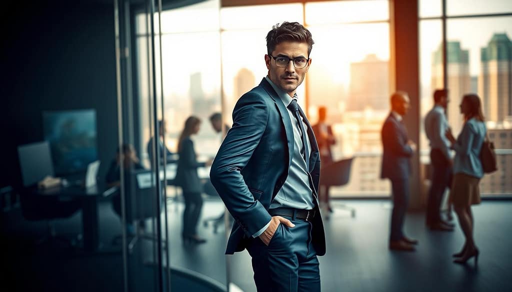 A dynamic composition illustrating the concept of "Risk vs. Reward Angles" in a business environment. In the foreground, a confident professional in smart business attire stands at a dynamic angle, peering around a sleek glass partition, symbolizing a strategic approach to navigating risks. In the middle ground, a modern office space showcases collaborative teams engaging in discussion, highlighting various angles of interaction and collaboration. The background features large windows with city views, bathed in warm, natural light, enhancing the atmosphere of opportunity and decision-making. Utilize a shallow depth of field to focus on the professional's intent gaze while softly blurring the bustling activity behind him, conveying a sense of concentration and the importance of calculated risk. The overall mood is one of empowerment, strategic foresight, and the thrill of opportunity. A dynamic composition illustrating the concept of "Risk vs. Reward Angles" in a business environment. In the foreground, a confident professional in smart business attire stands at a dynamic angle, peering around a sleek glass partition, symbolizing a strategic approach to navigating risks. In the middle ground, a modern office space showcases collaborative teams engaging in discussion, highlighting various angles of interaction and collaboration. The background features large windows with city views, bathed in warm, natural light, enhancing the atmosphere of opportunity and decision-making. Utilize a shallow depth of field to focus on the professional's intent gaze while softly blurring the bustling activity behind him, conveying a sense of concentration and the importance of calculated risk. The overall mood is one of empowerment, strategic foresight, and the thrill of opportunity.