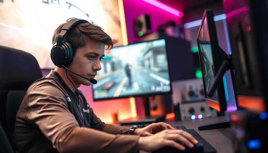 A dynamic scene depicting a professional eSports player in a modern gaming setup, showcasing the movement technique of counter-strafing. The foreground features a focused gamer, wearing a fitted gaming jersey and headset, with intense concentration on their face as their fingers expertly tap the keyboard and mouse. The middle ground displays the live action on the monitor, revealing an animated first-person shooter gameplay, emphasizing rapid directional changes and smooth movement. The background includes softly blurred elements of a vibrant gaming room, illuminated by RGB LED lights, creating an immersive atmosphere. The lighting is bright and focused on the player, enhancing their determination. The overall mood is intense and focused, capturing the essence of competitive gaming and the precision required for mastering timing in movement. A dynamic scene depicting a professional eSports player in a modern gaming setup, showcasing the movement technique of counter-strafing. The foreground features a focused gamer, wearing a fitted gaming jersey and headset, with intense concentration on their face as their fingers expertly tap the keyboard and mouse. The middle ground displays the live action on the monitor, revealing an animated first-person shooter gameplay, emphasizing rapid directional changes and smooth movement. The background includes softly blurred elements of a vibrant gaming room, illuminated by RGB LED lights, creating an immersive atmosphere. The lighting is bright and focused on the player, enhancing their determination. The overall mood is intense and focused, capturing the essence of competitive gaming and the precision required for mastering timing in movement.